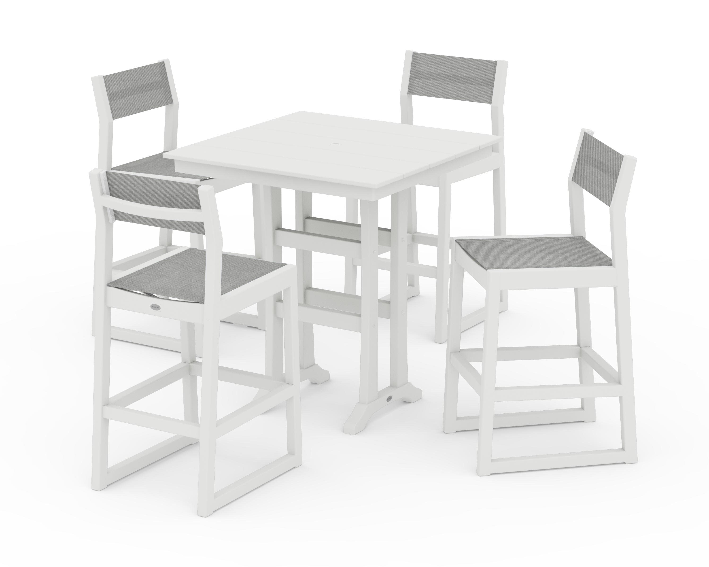 EDGE Sling Arm Chair 5-Piece Farmhouse Bar Set with Trestle Legs in Vintage White / Metallic Sling