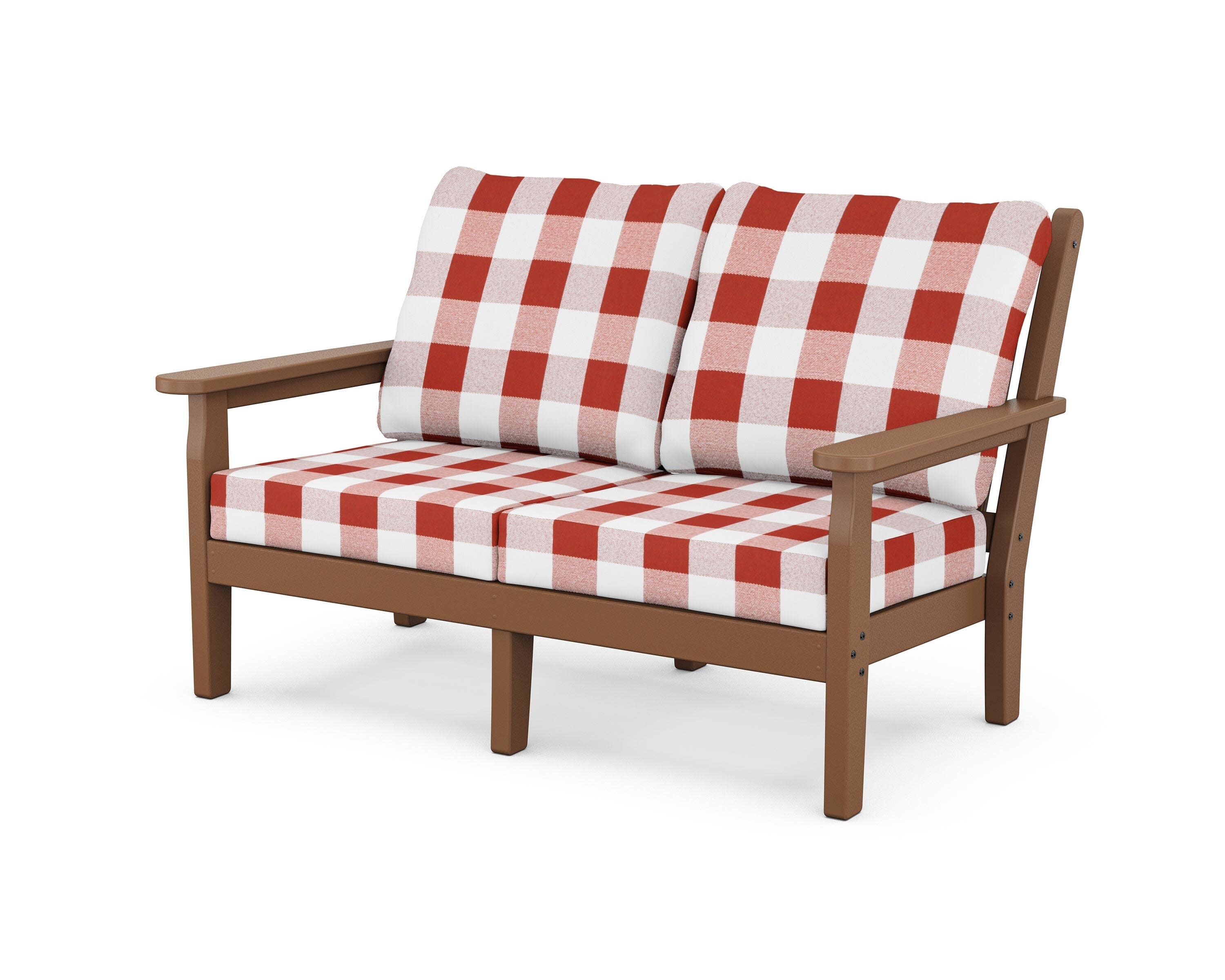 Chippendale Deep Seating Loveseat in Teak / Buffalo Plaid Crimson