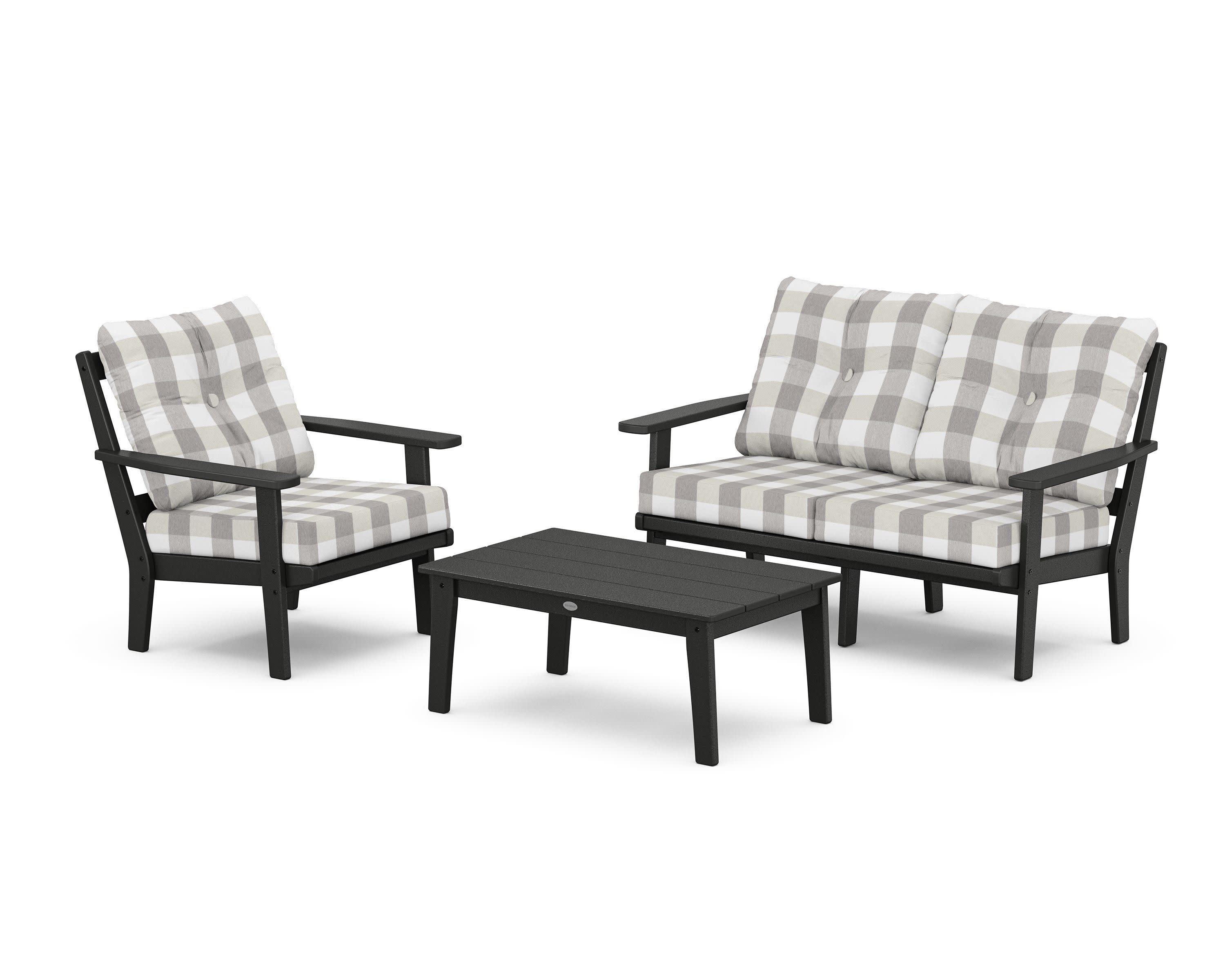 Oxford 3-Piece Deep Seating Set with Loveseat in Black / Buffalo Plaid Grey Mist