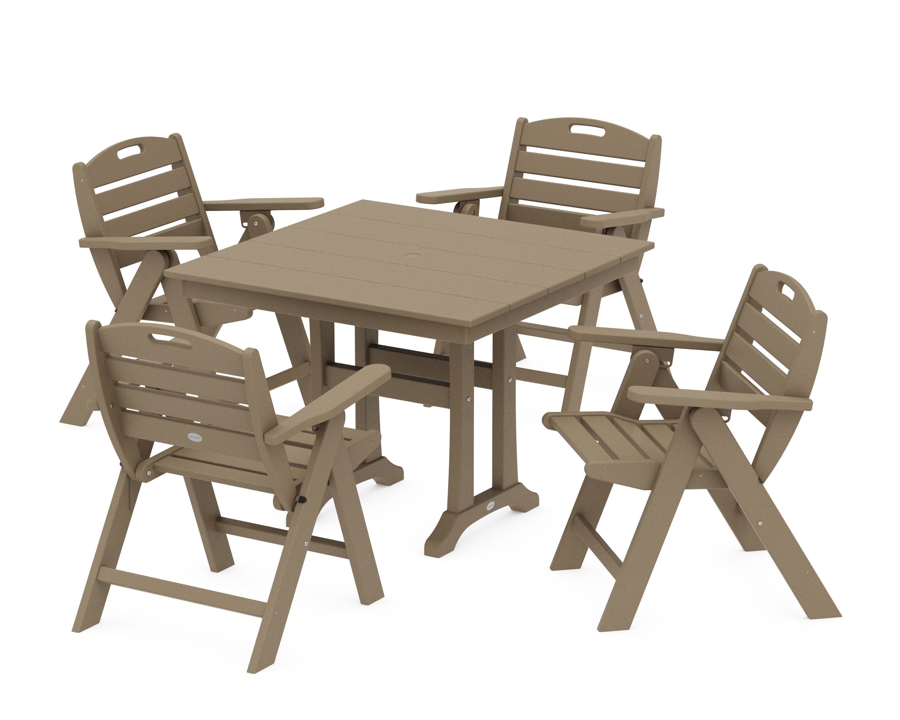 Nautical Folding Lowback Chair 5-Piece Farmhouse Dining Set With Trestle Legs in Vintage Sahara
