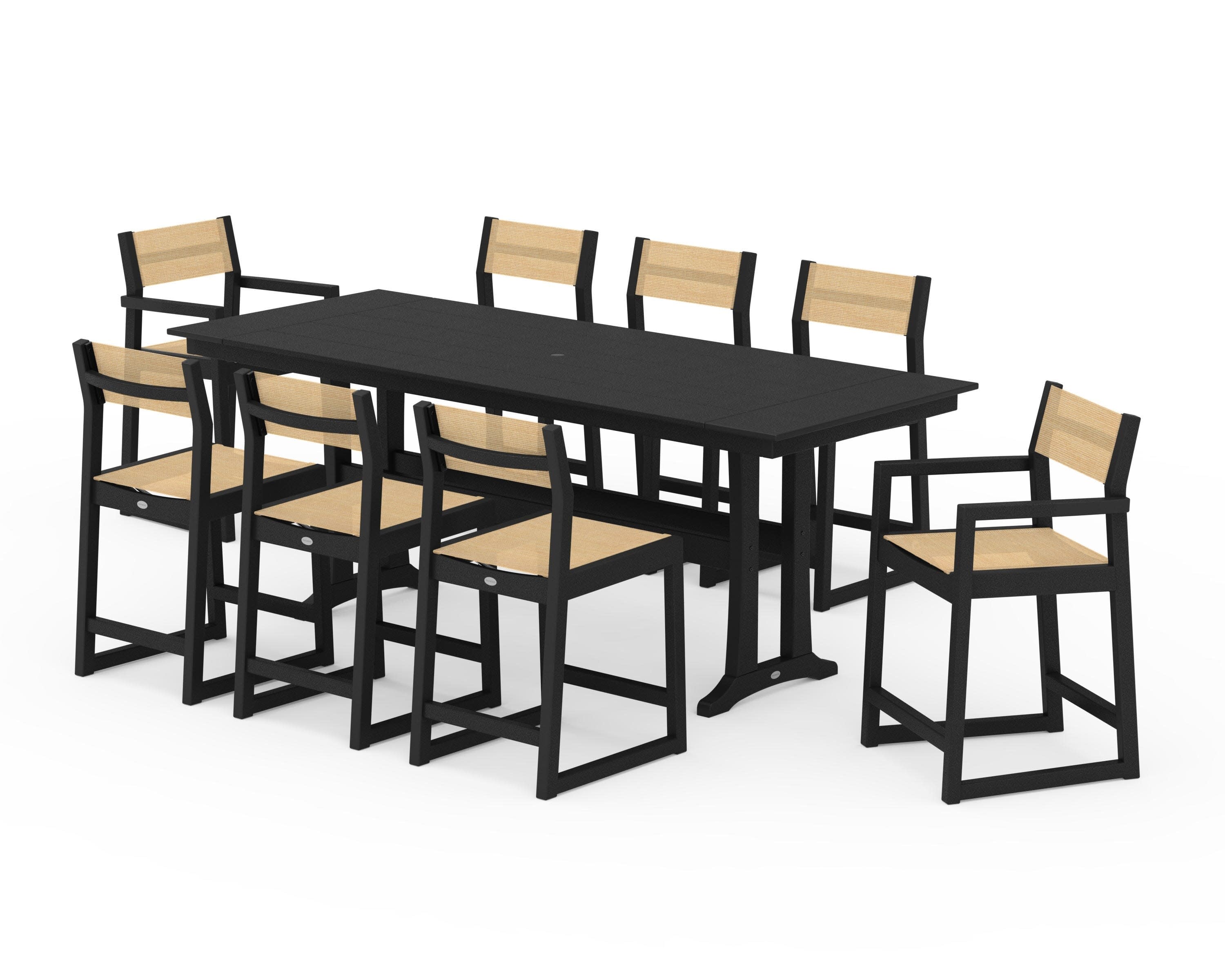 EDGE Sling 9-Piece Farmhouse Counter Set with Trestle Legs in Black / Dupioni Apricot Sling