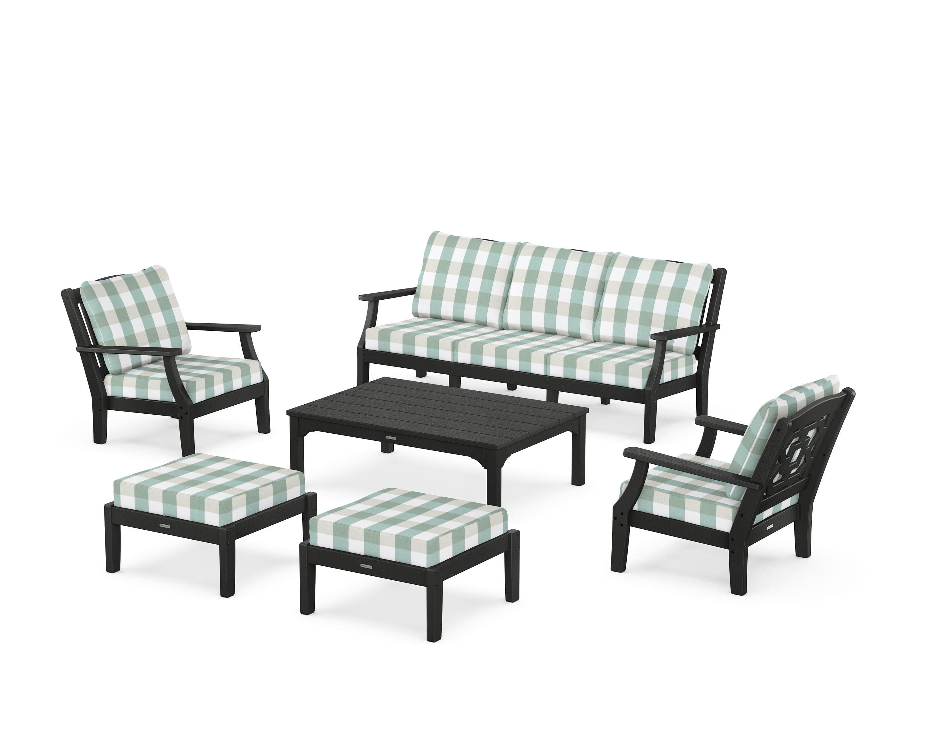 Chinoiserie 6-Piece Lounge Sofa Set in Black / Buffalo Plaid Glacier Spa