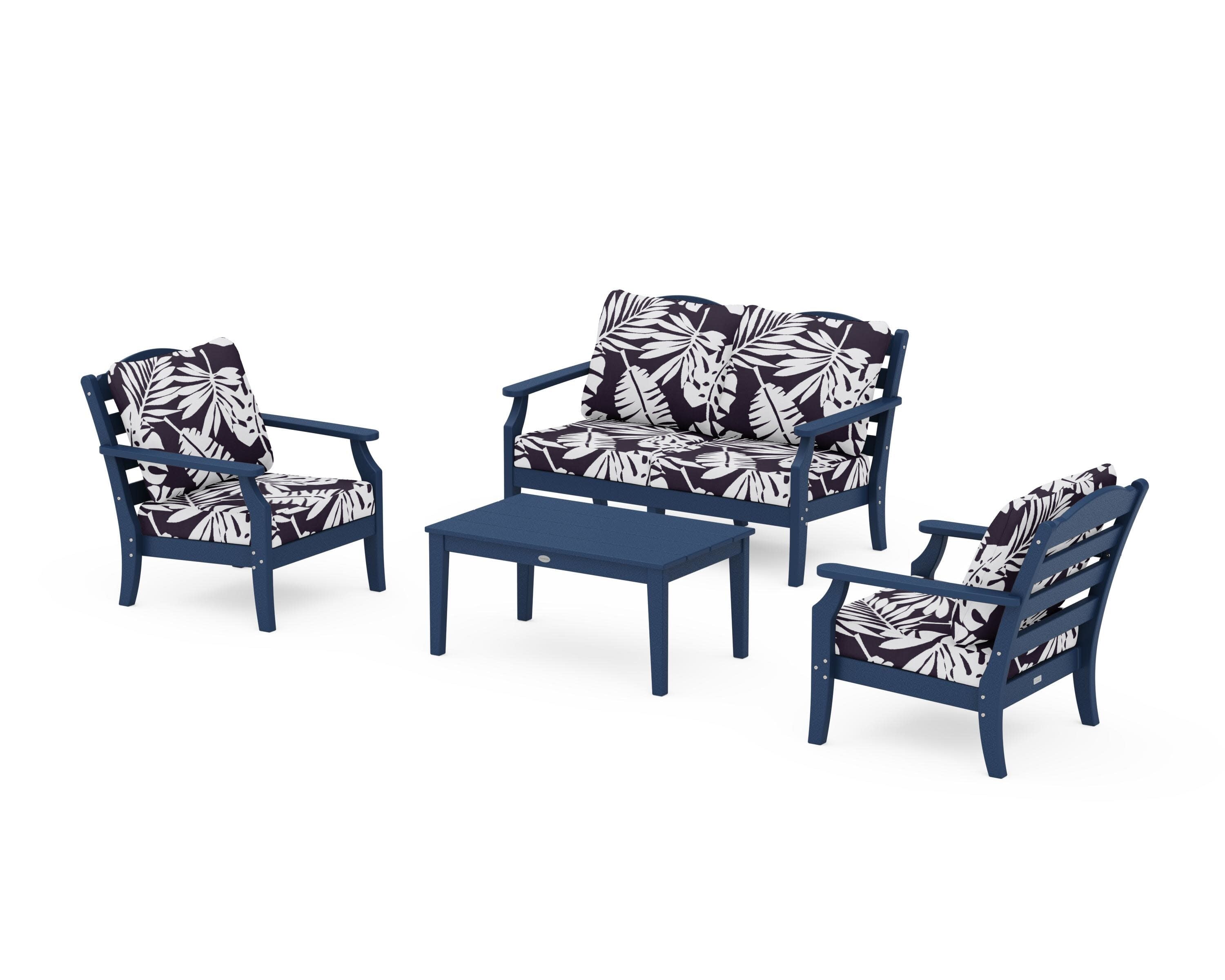 Savannah 4-Piece Deep Seating Set with Loveseat in Navy / Leaf Navy