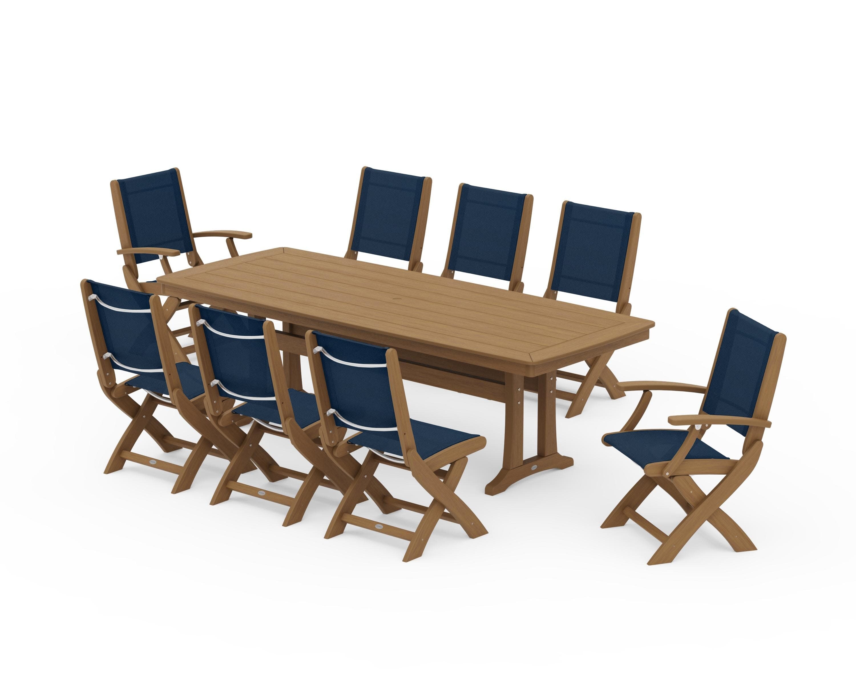Coastal Folding 9-Piece Dining Set with Trestle Legs in Natural / Navy Blue Sling