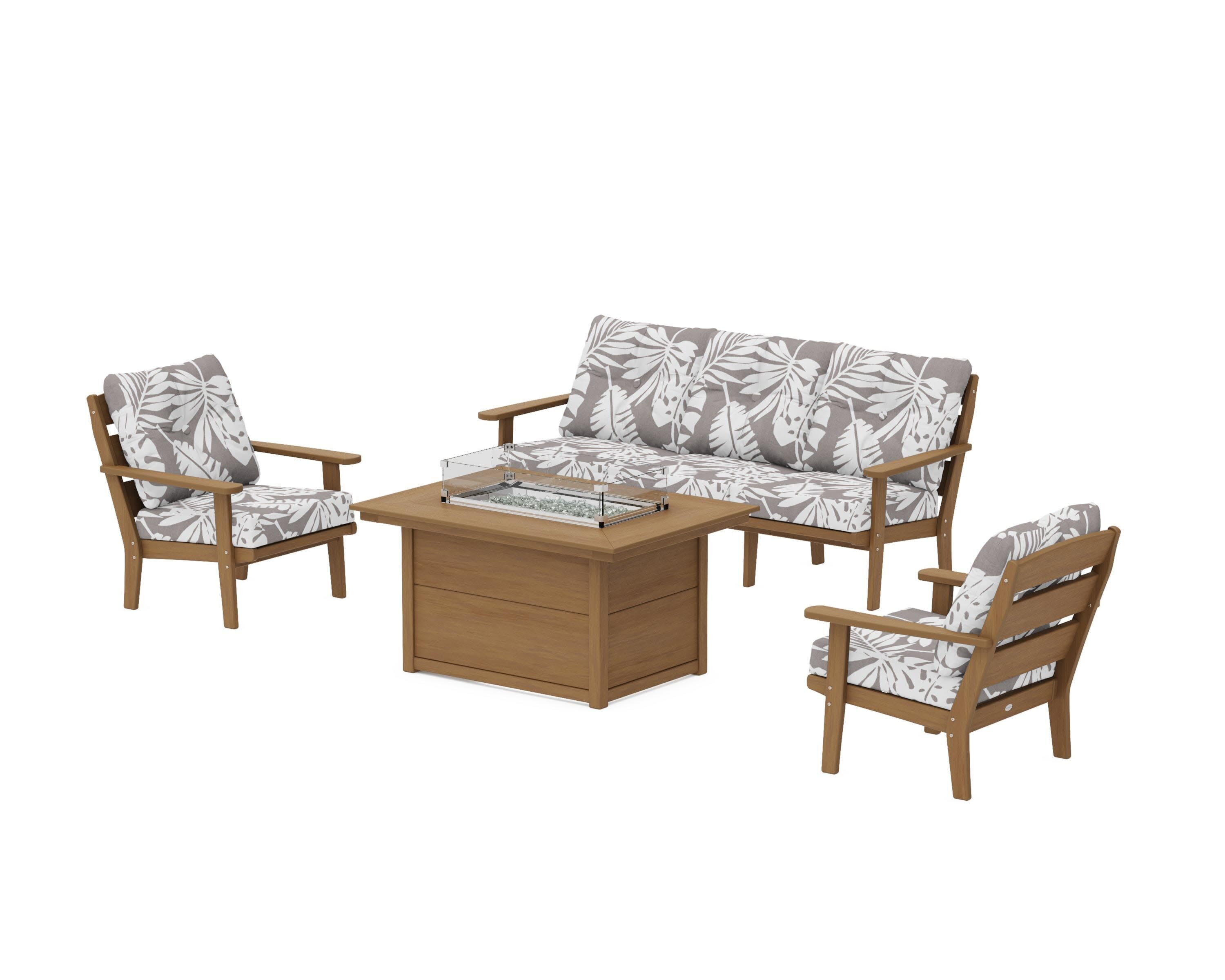 Lakeside Deep Seating Fire Pit Table Set in Natural / Leaf Grey Mist