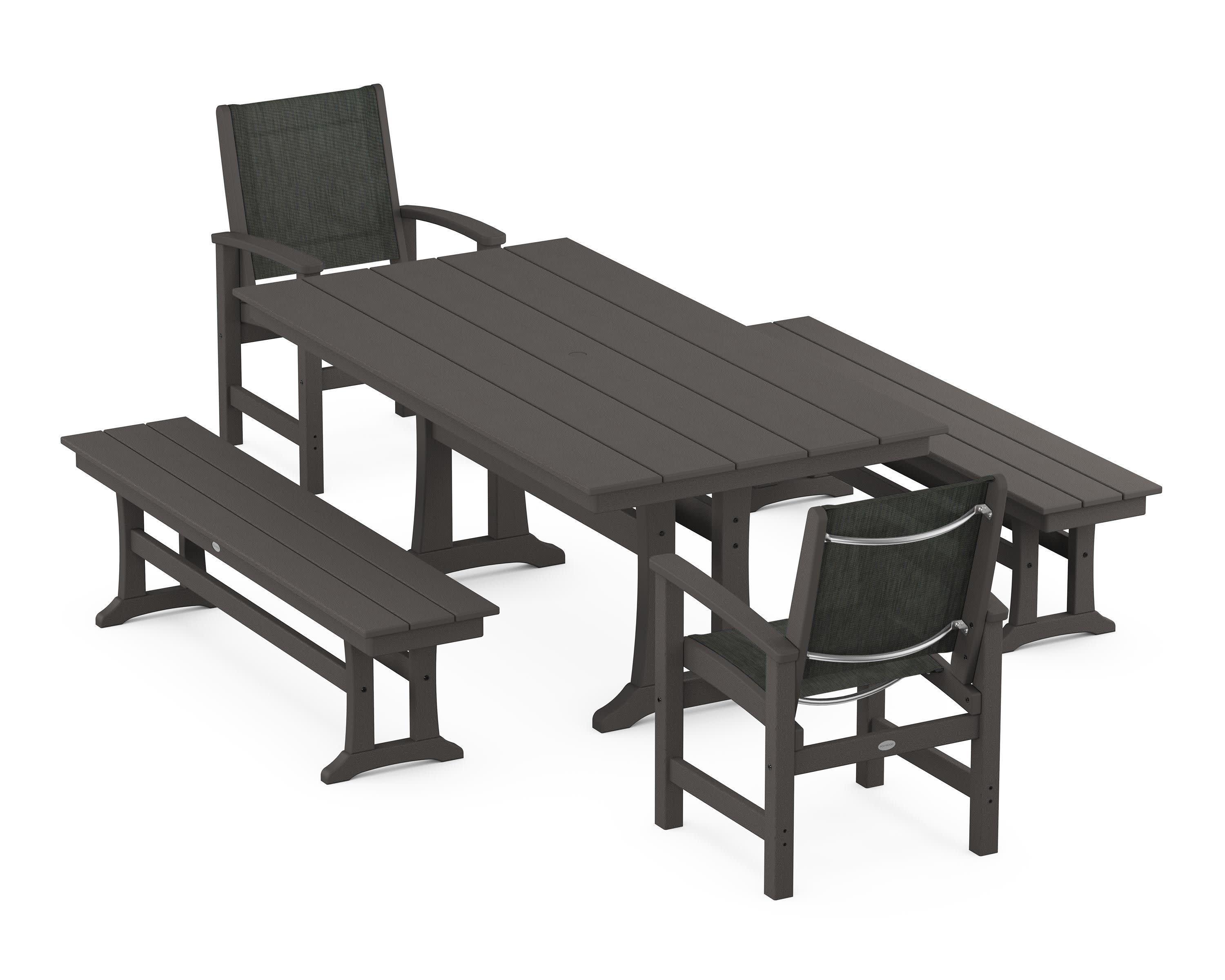 Coastal 5-Piece Farmhouse Dining Set with Trestle Legs and Benches in Vintage Coffee / Ember Sling