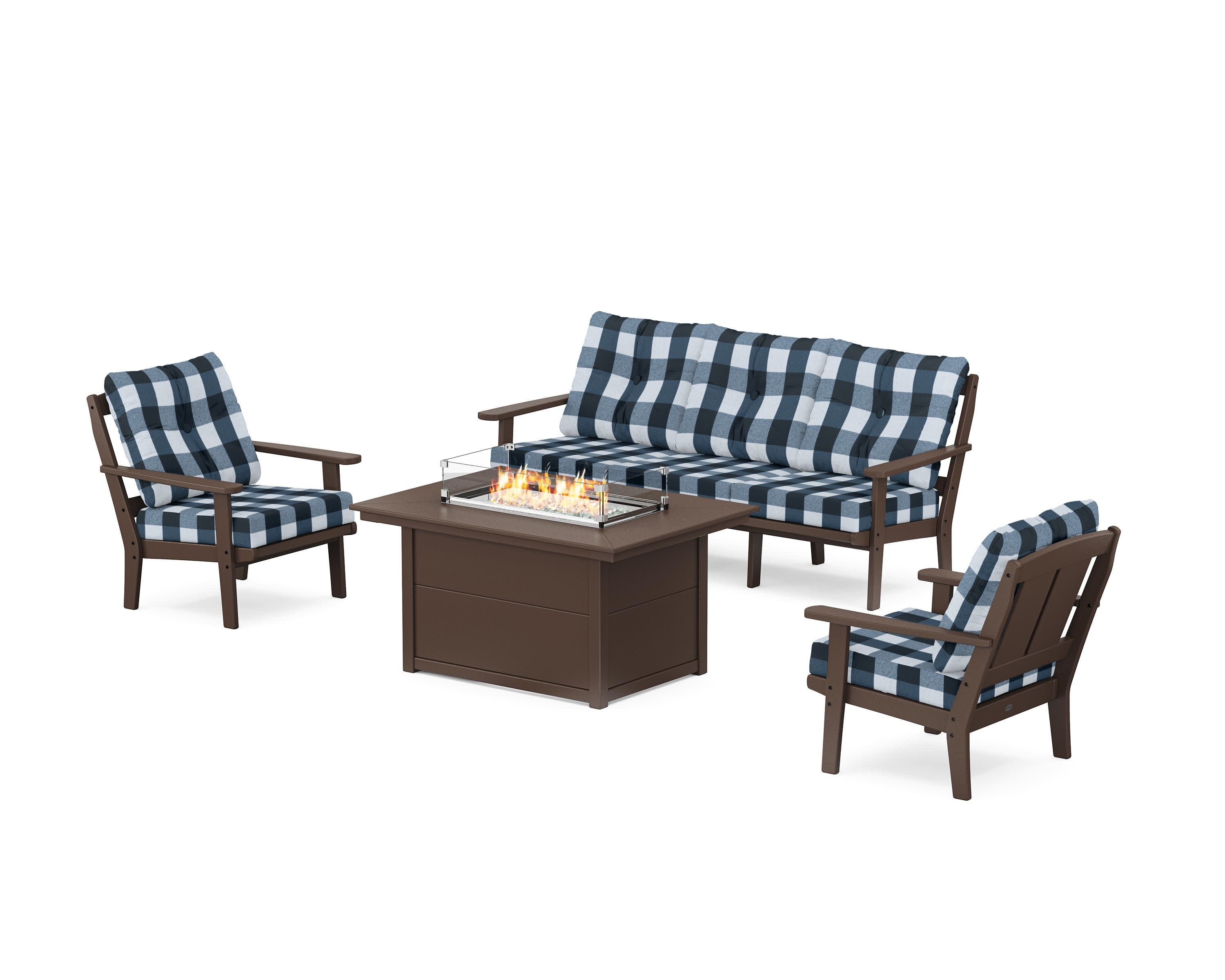 Mission Deep Seating Fire Pit Table Set in Mahogany / Buffalo Plaid Marine Indigo