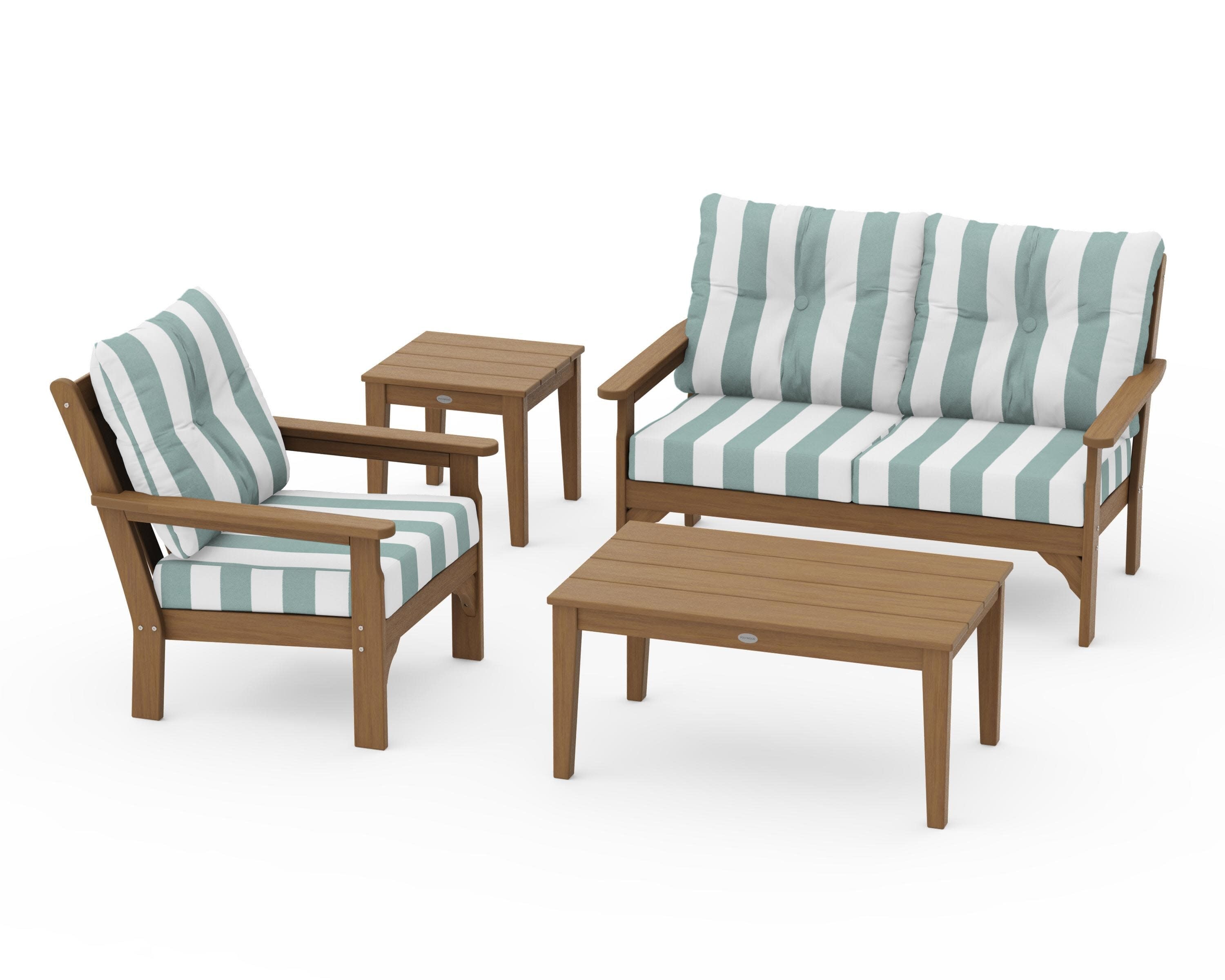 Vineyard 4-Piece Deep Seating Set in Natural / Cabana Stripe Glacier Spa