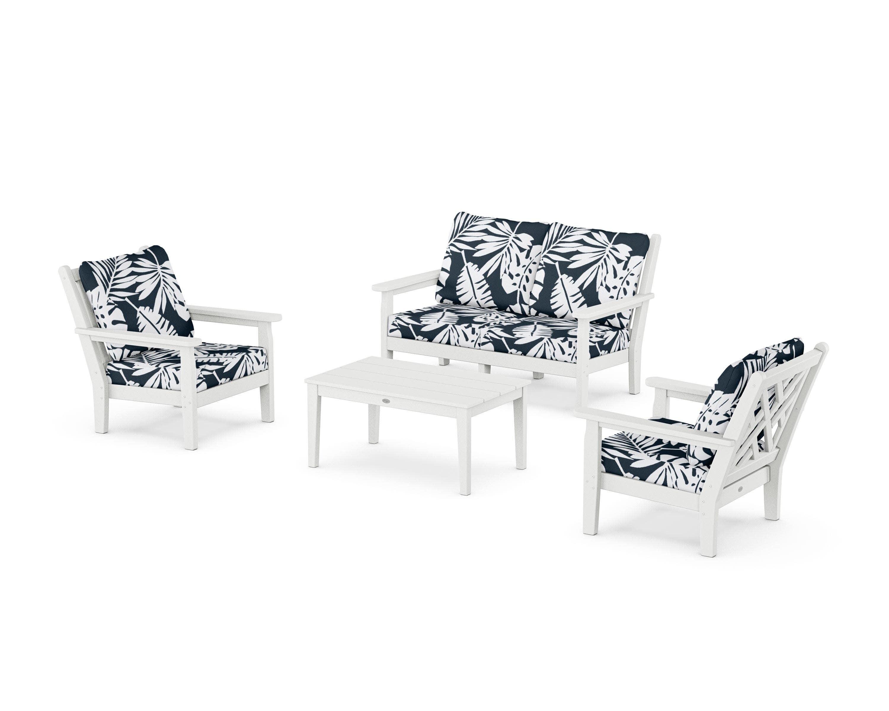 Chippendale 4-Piece Deep Seating Set with Loveseat in White / Leaf Marine Indigo