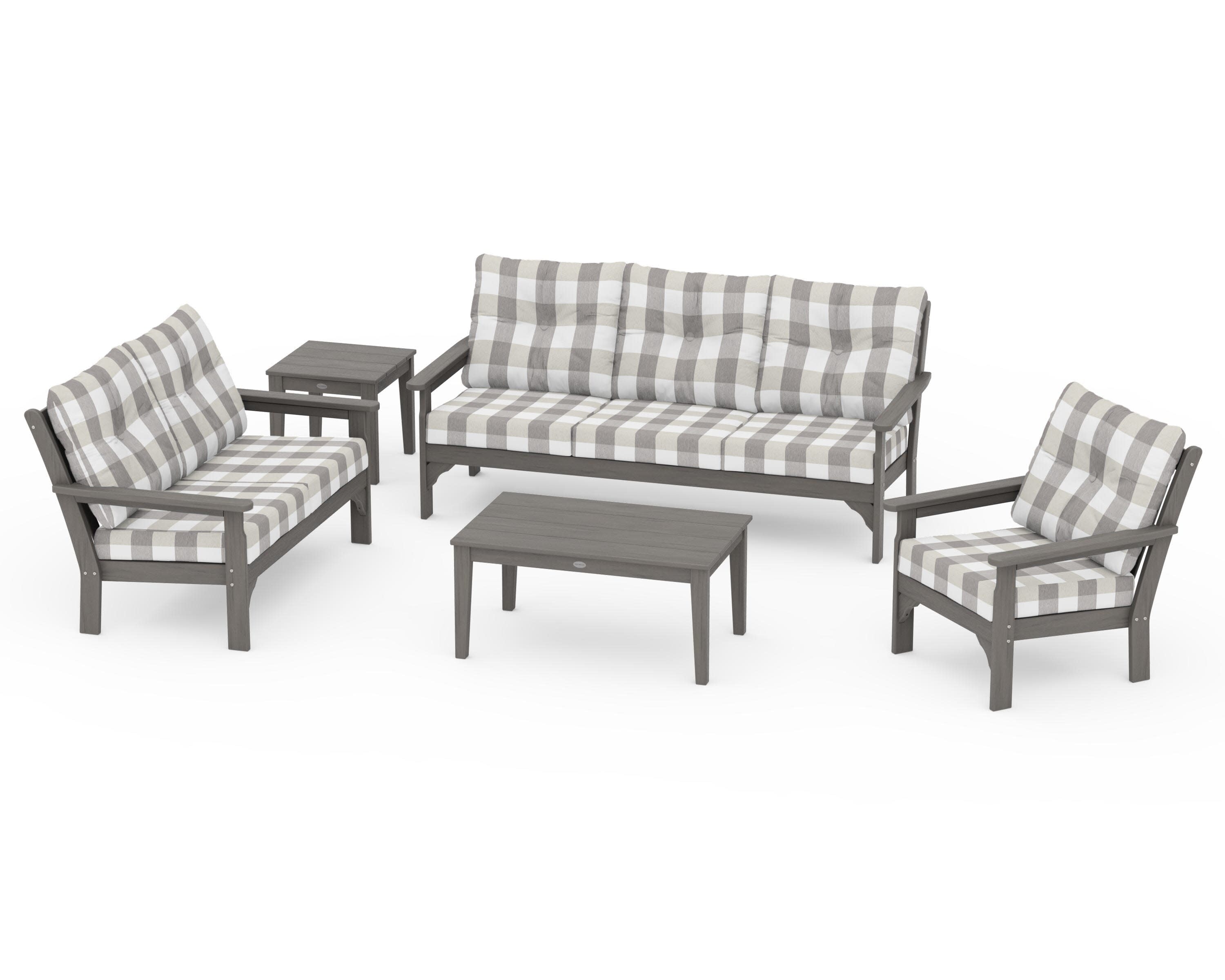 Vineyard 5 Piece Deep Seating Set in Driftwood / Buffalo Plaid Grey Mist