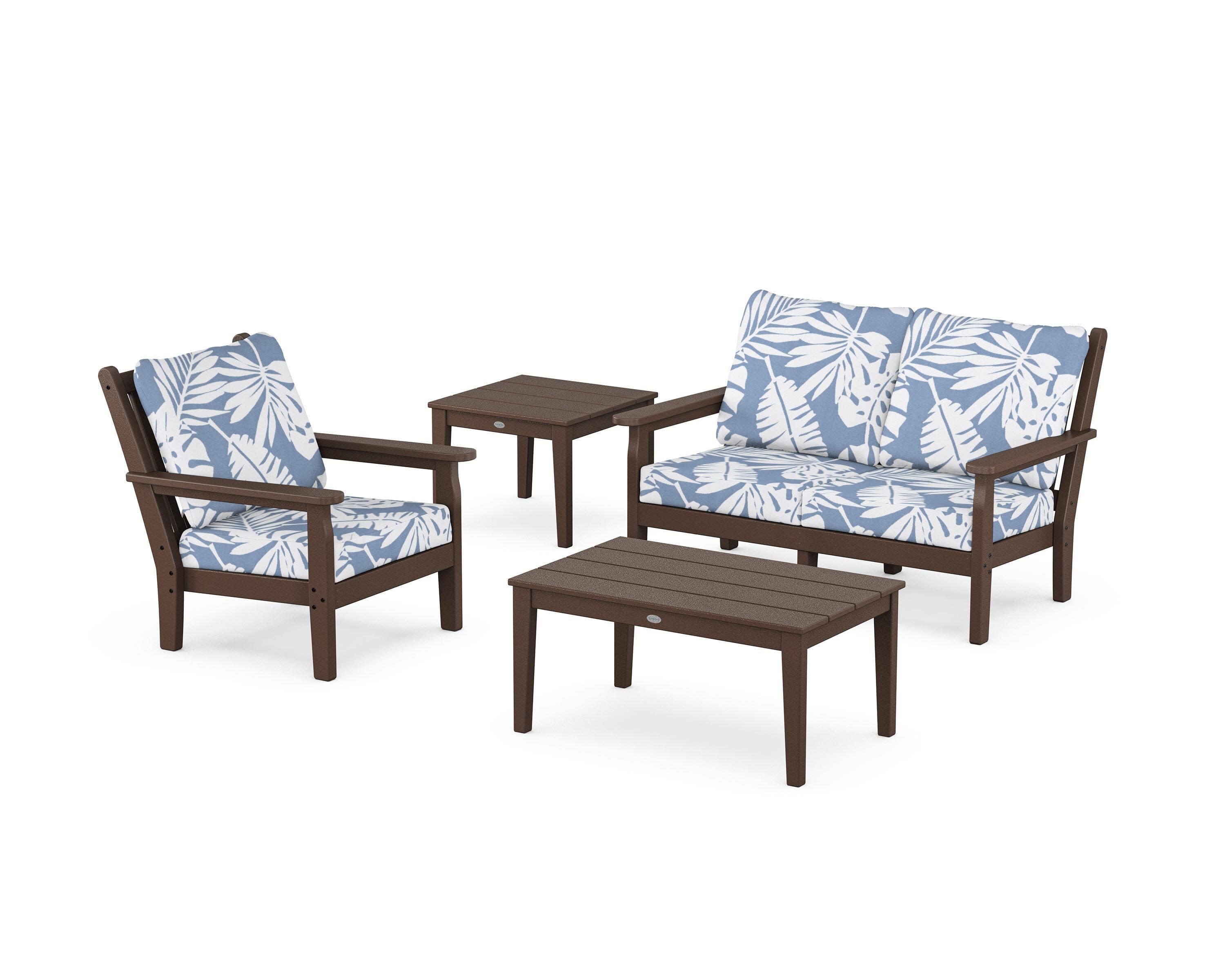 Chippendale 4-Piece Deep Seating Set in Mahogany / Leaf Sky Blue