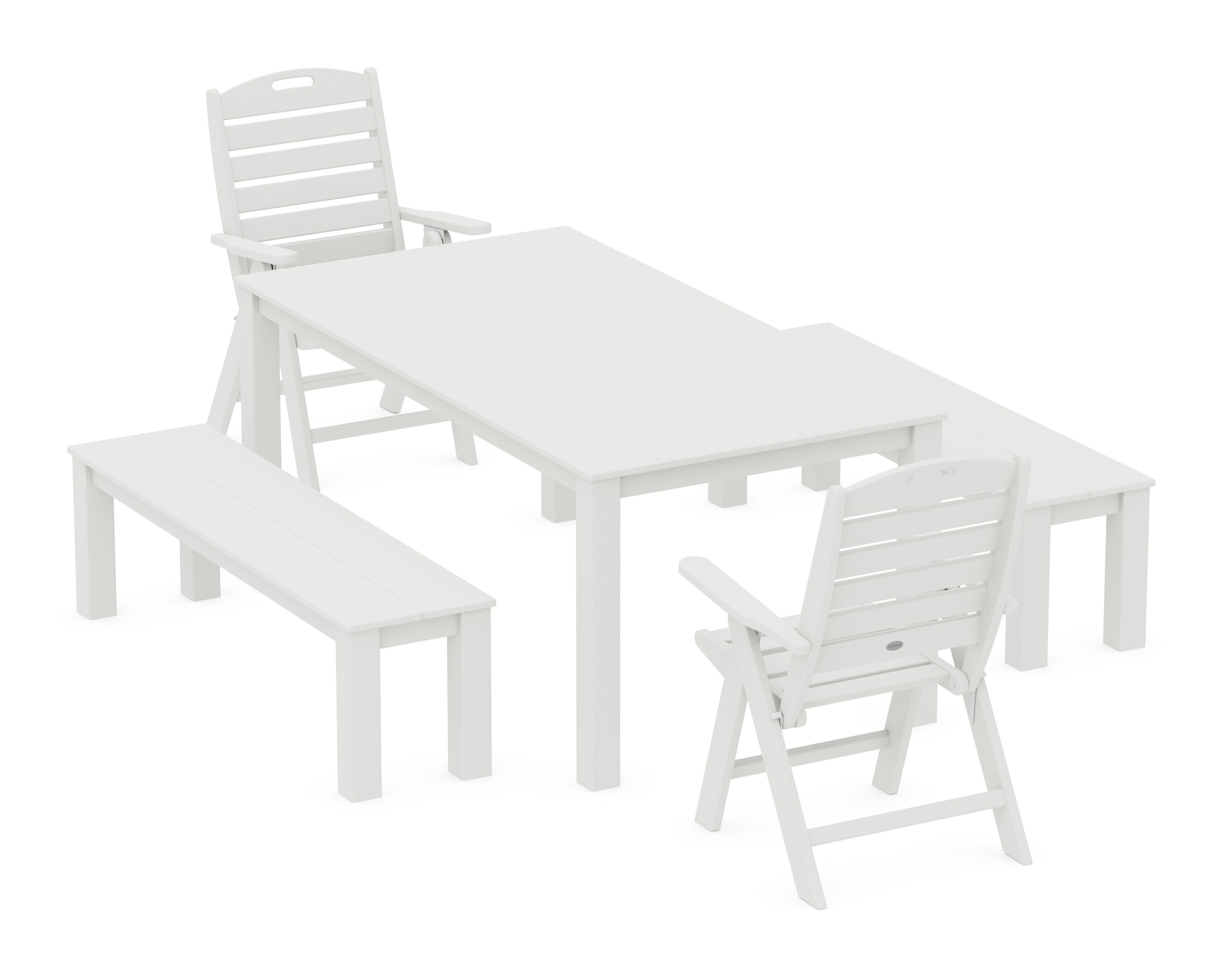Nautical Folding Highback Chair 5-Piece Parsons Dining Set with Benches in Vintage White