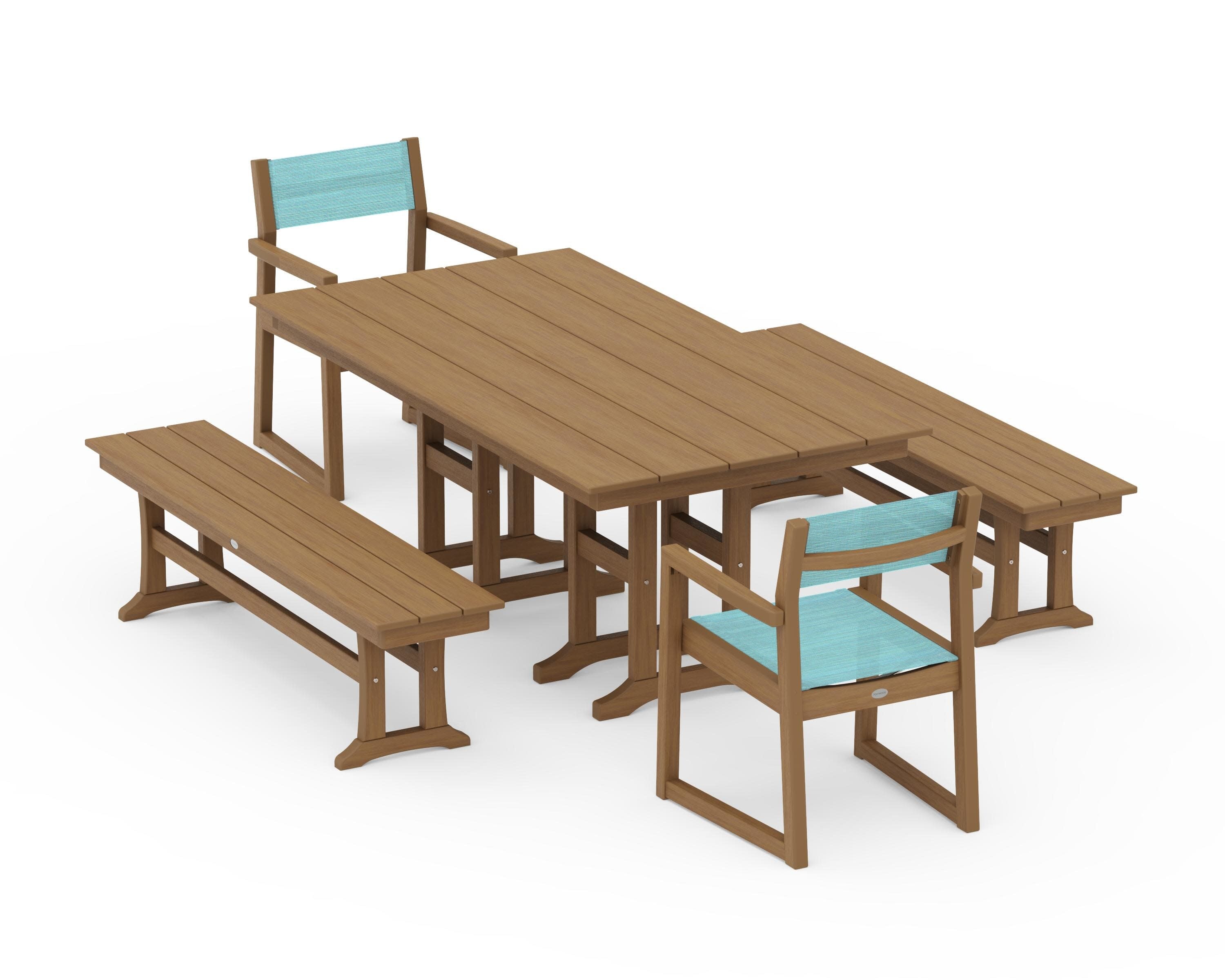 EDGE Sling Arm Chair 5-Piece Farmhouse Dining Set with Benches in Natural / Dupioni Aquamarine Sling