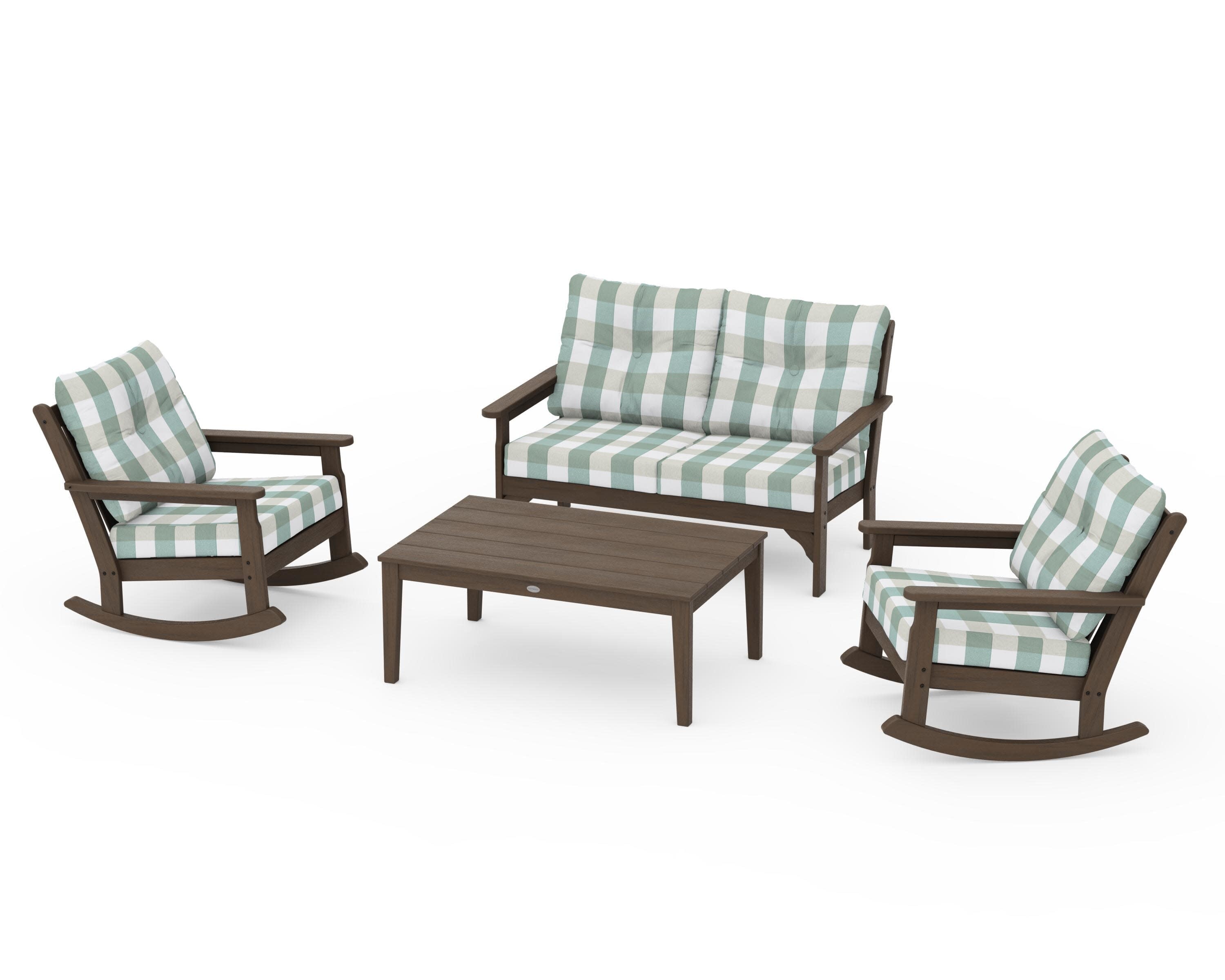 Vineyard 4-Piece Deep Seating Rocking Chair Set in Kona / Buffalo Plaid Glacier Spa