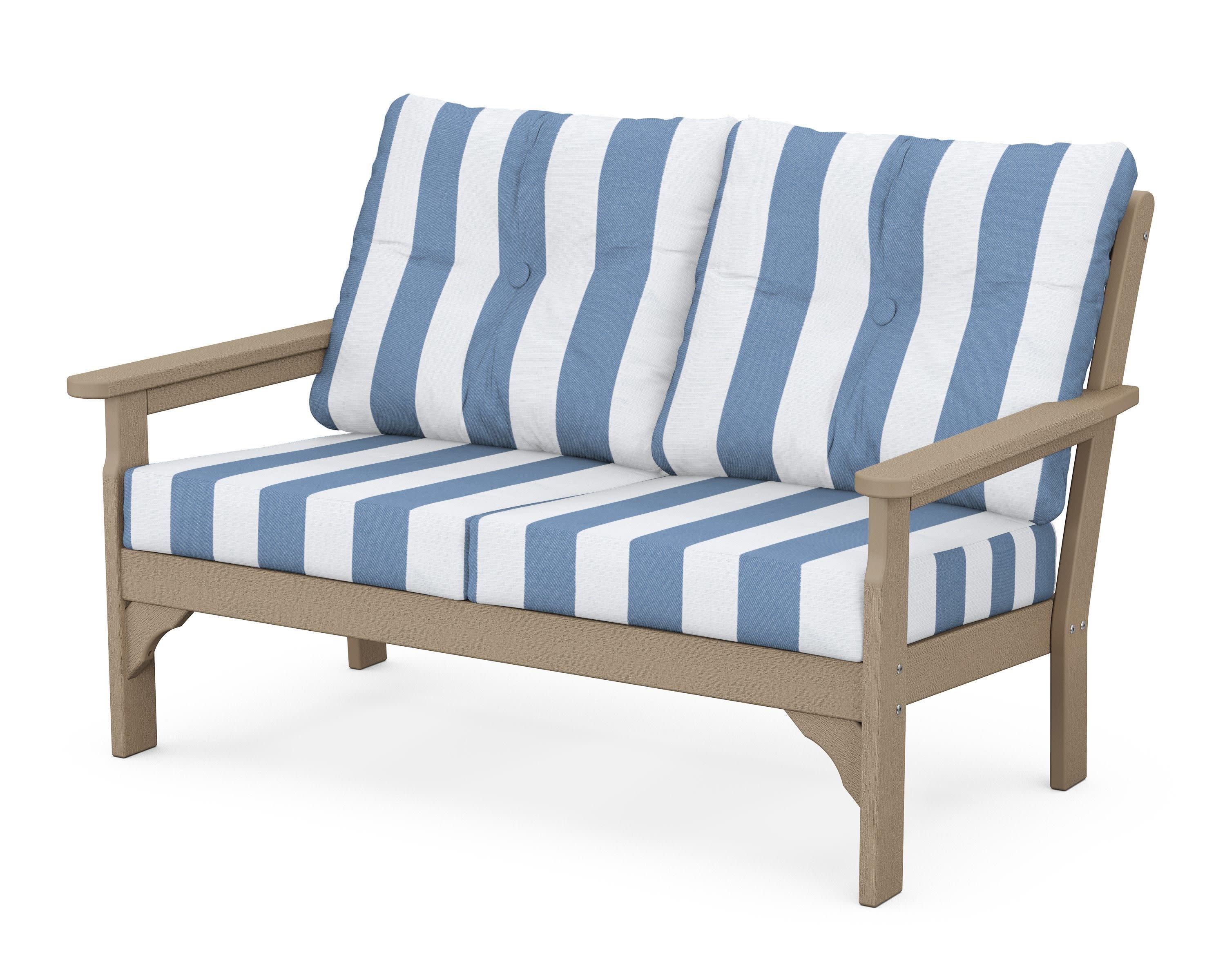 Vineyard Deep Seating Loveseat in Vintage Sahara / Cabana Stripe Sky Blue