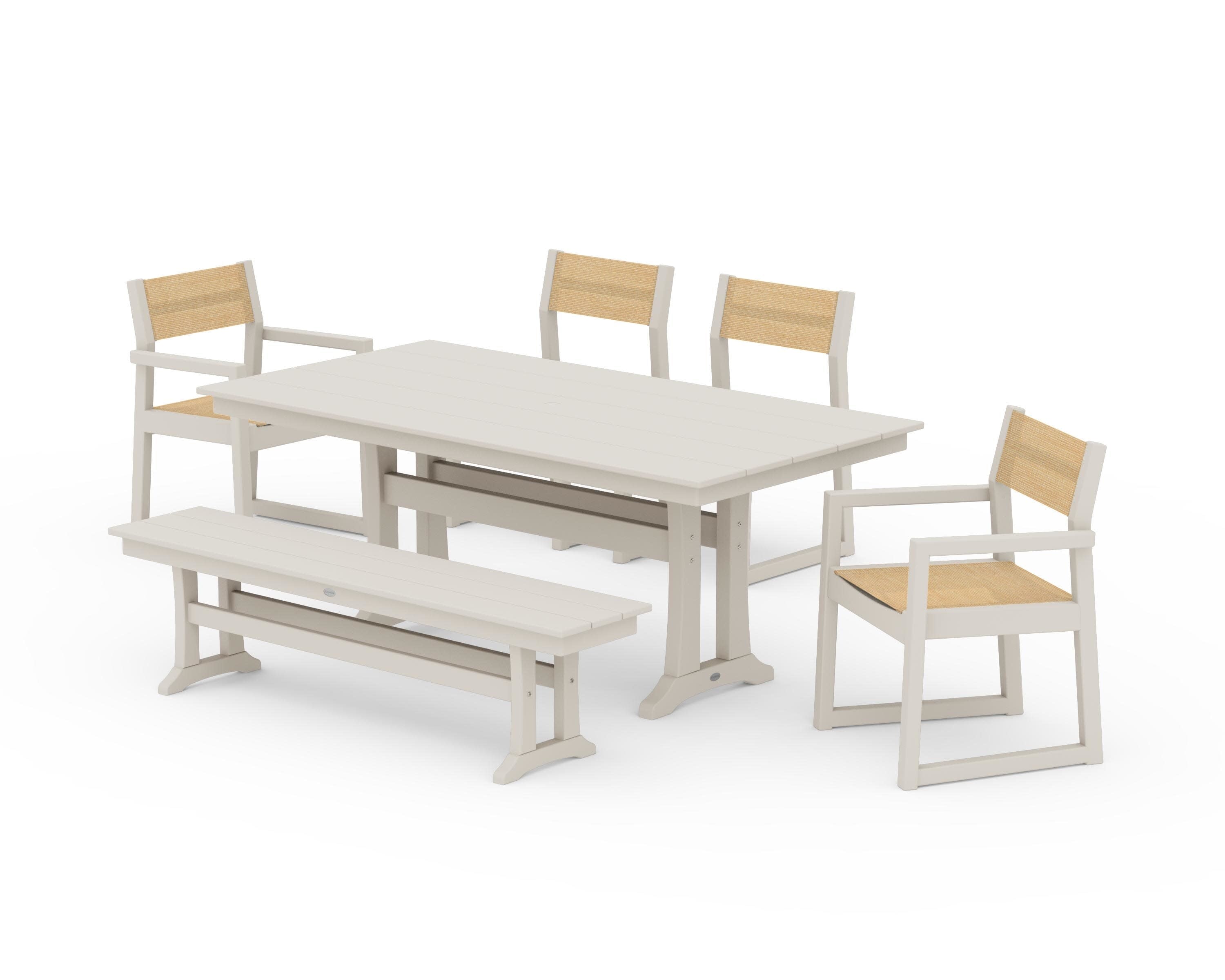 EDGE Sling 6-Piece Farmhouse Dining Set With Trestle Legs in Sand / Dupioni Apricot Sling