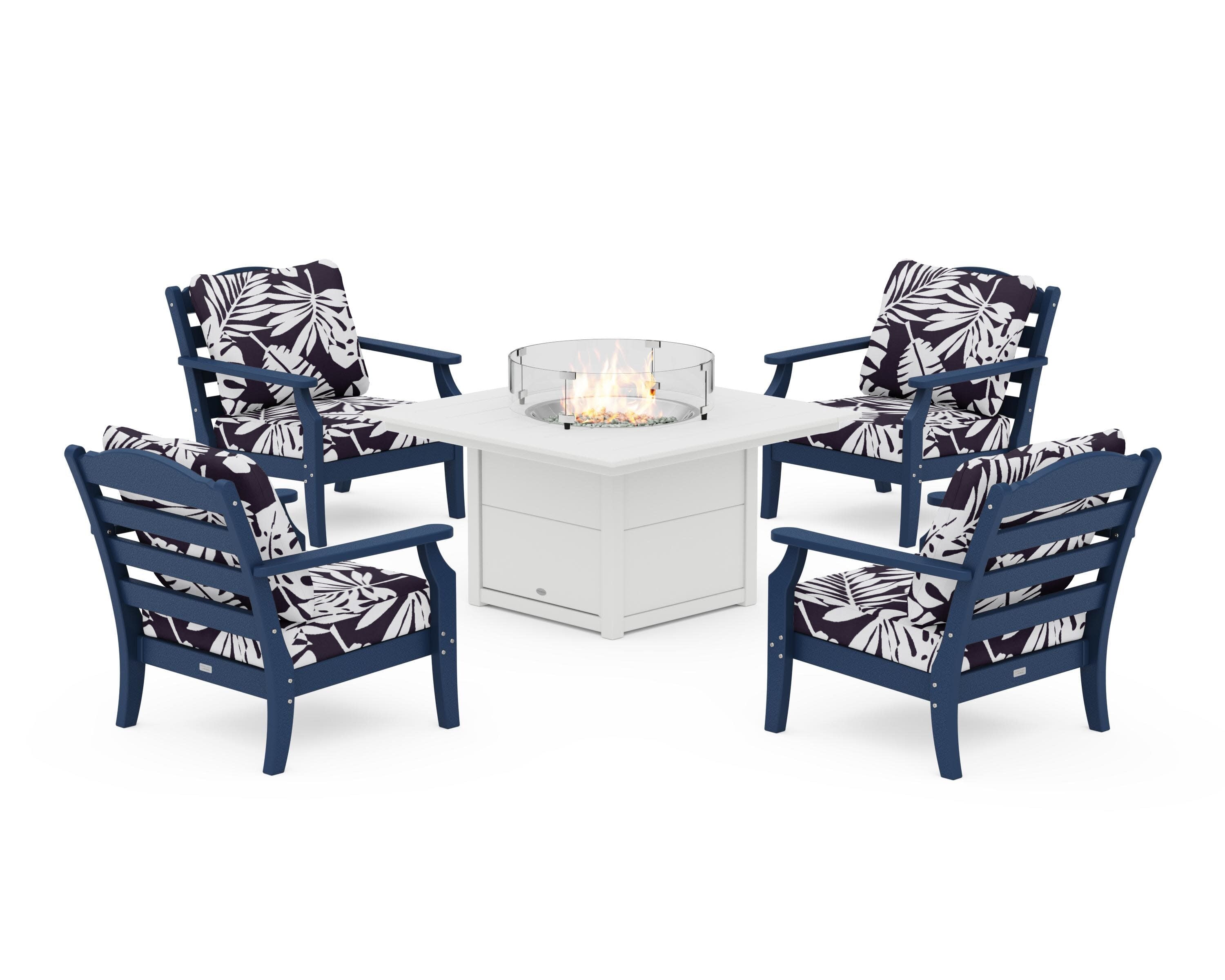 Savannah 5-Piece Deep Seating Set with Fire Pit Table in Navy / Leaf Navy