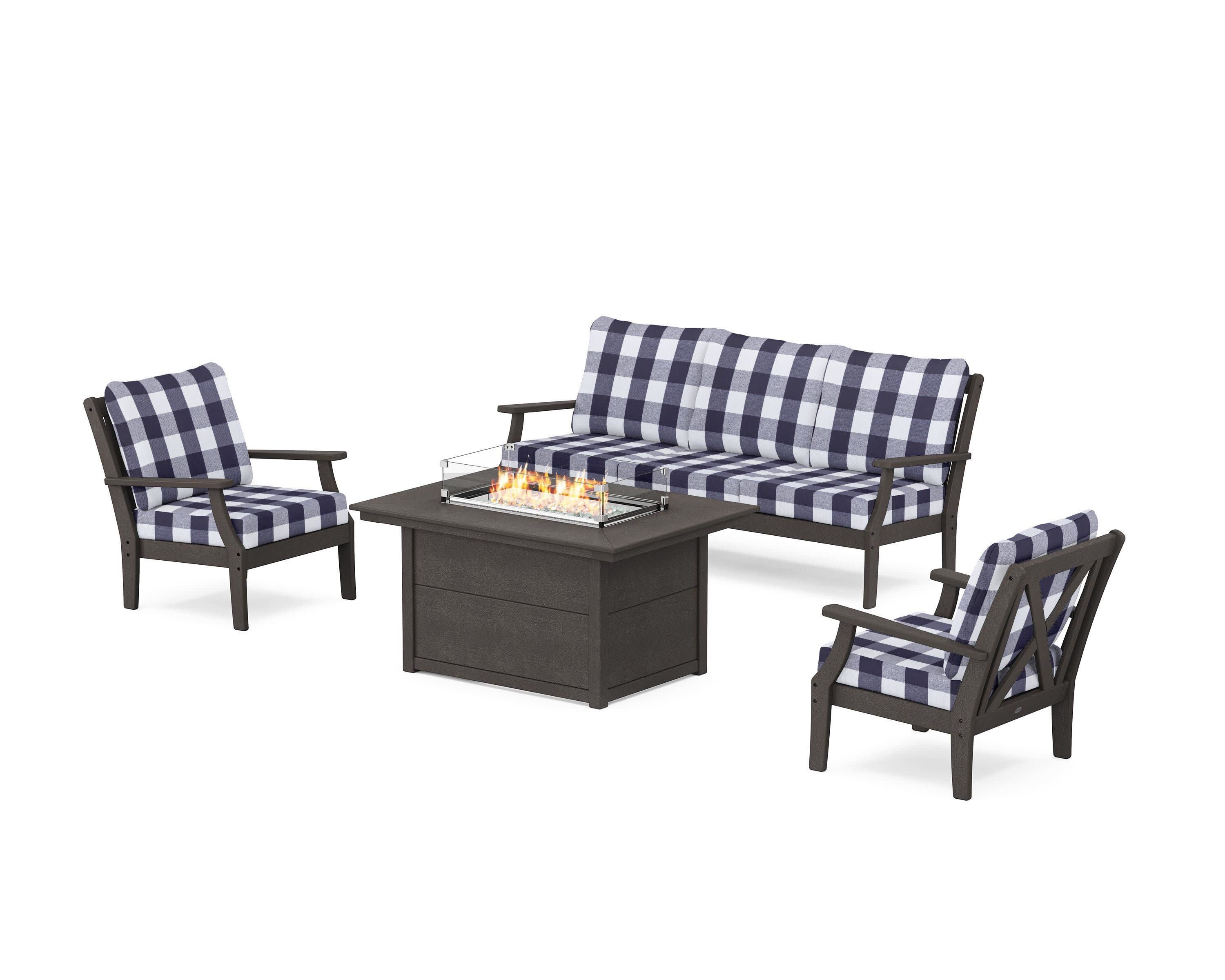 Braxton Deep Seating Fire Pit Table Set in Vintage Coffee / Buffalo Plaid Navy