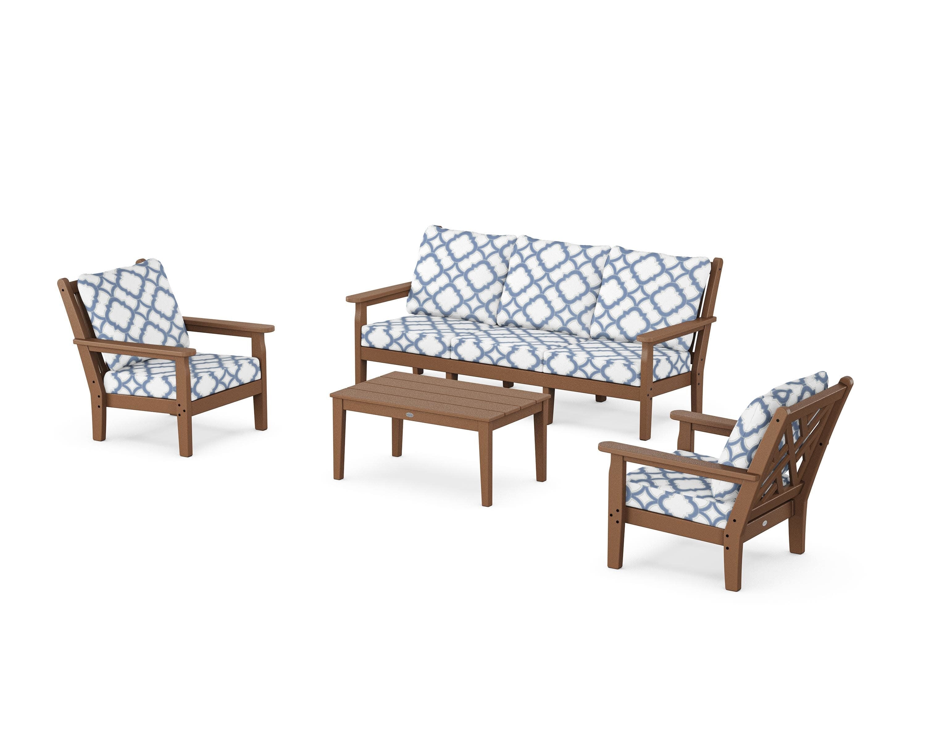 Chippendale 4-Piece Deep Seating Set with Sofa in Teak / Trellis Sky Blue