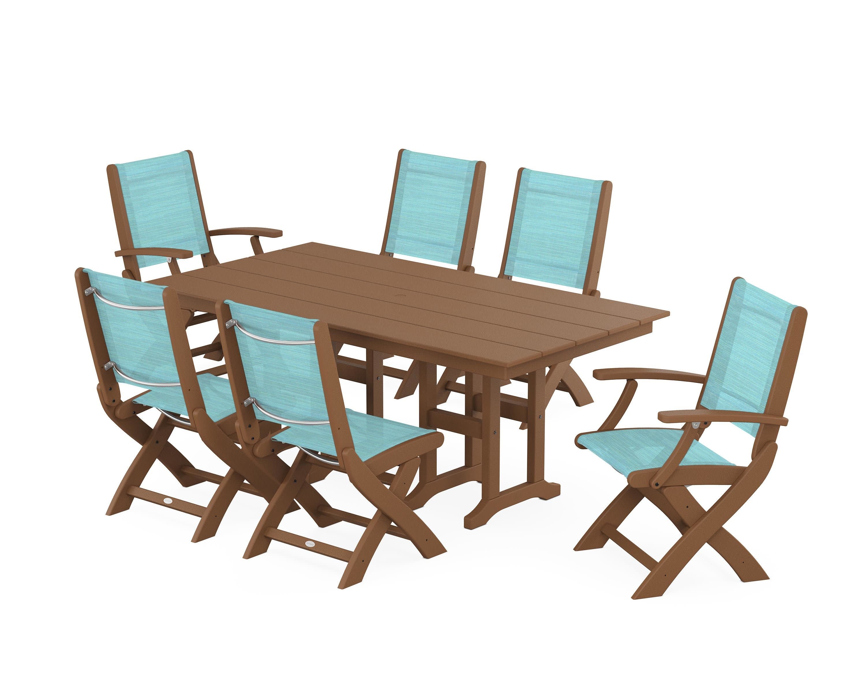 Coastal Folding Chair 7-Piece Farmhouse Dining Set in Teak / Dupioni Aquamarine Sling