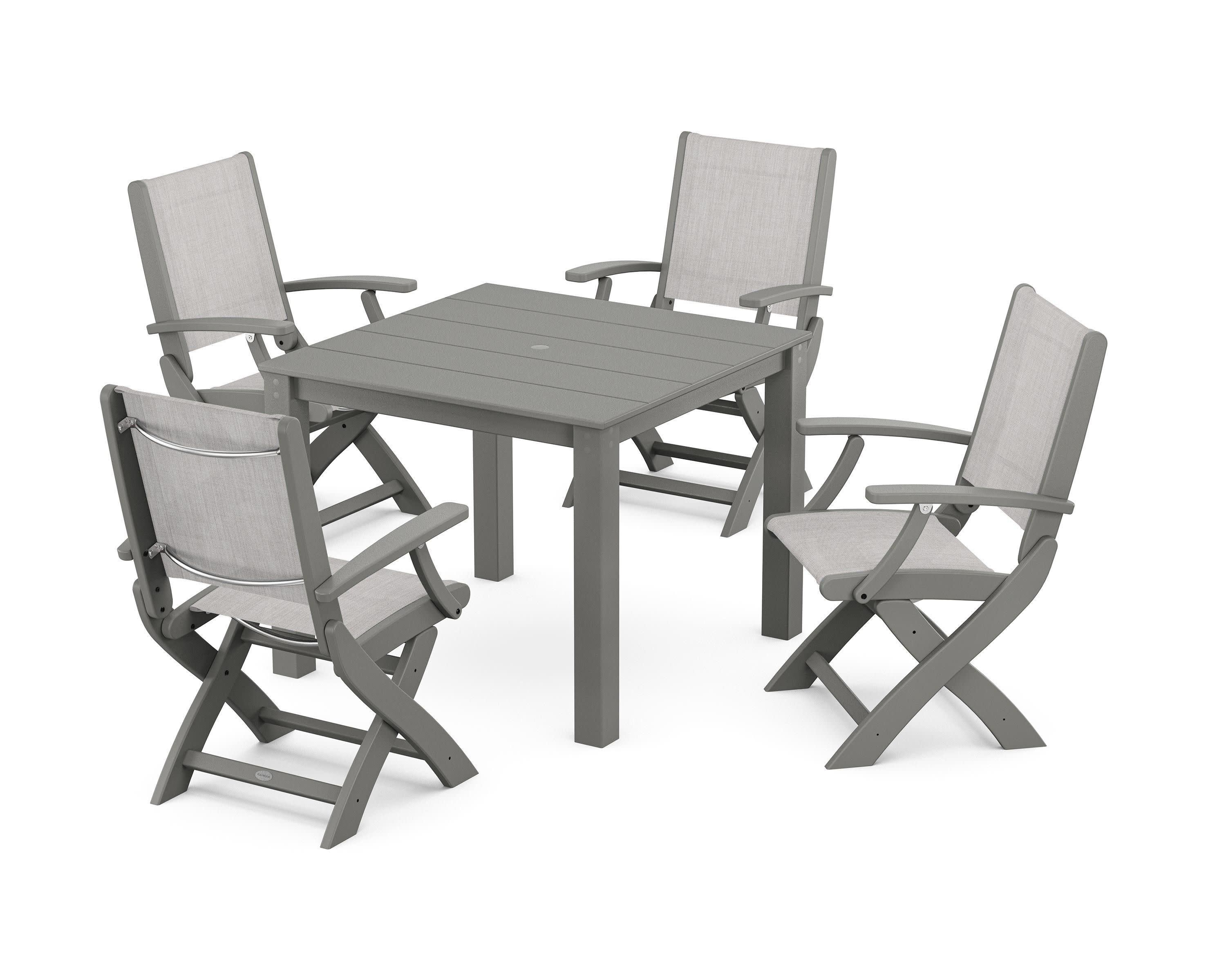 Coastal Folding Chair 5-Piece Parsons Dining Set in Green / Dupioni Aquamarine Sling