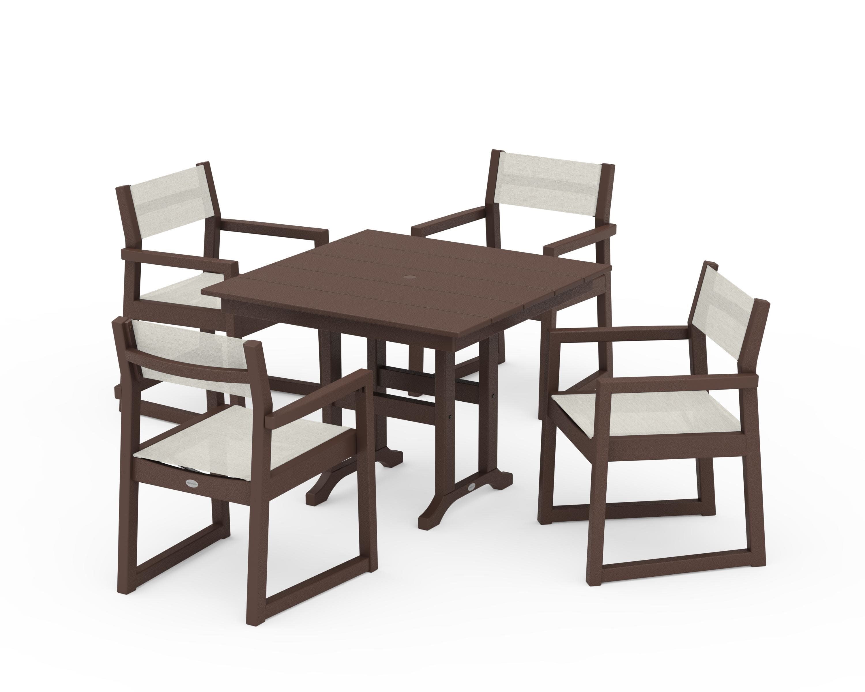 EDGE Sling Arm Chair 5-Piece Farmhouse Dining Set in Mahogany / Parchment Sling