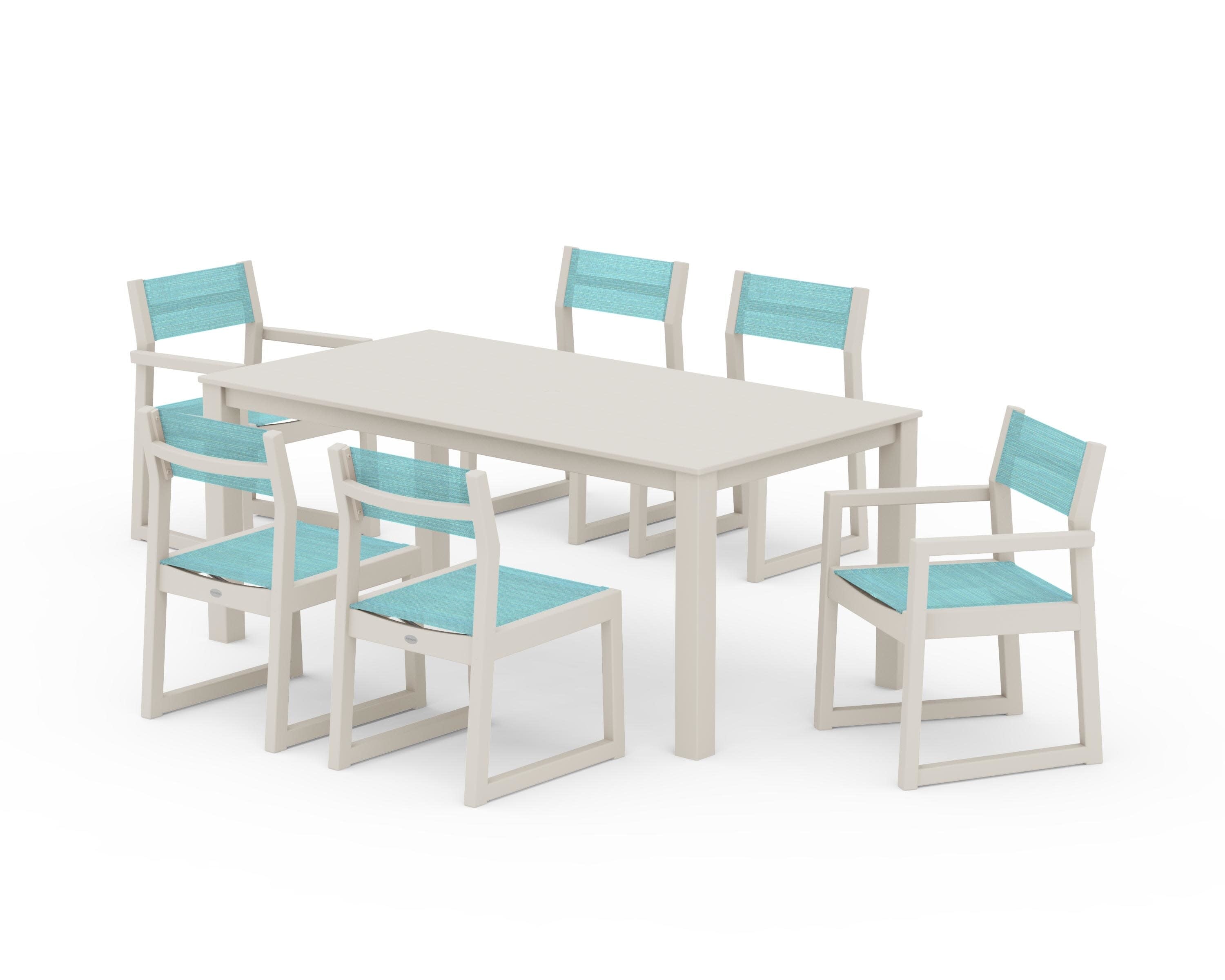 EDGE Sling 7-Piece Parsons Dining Set in Sand / Dupioni Aquamarine Sling