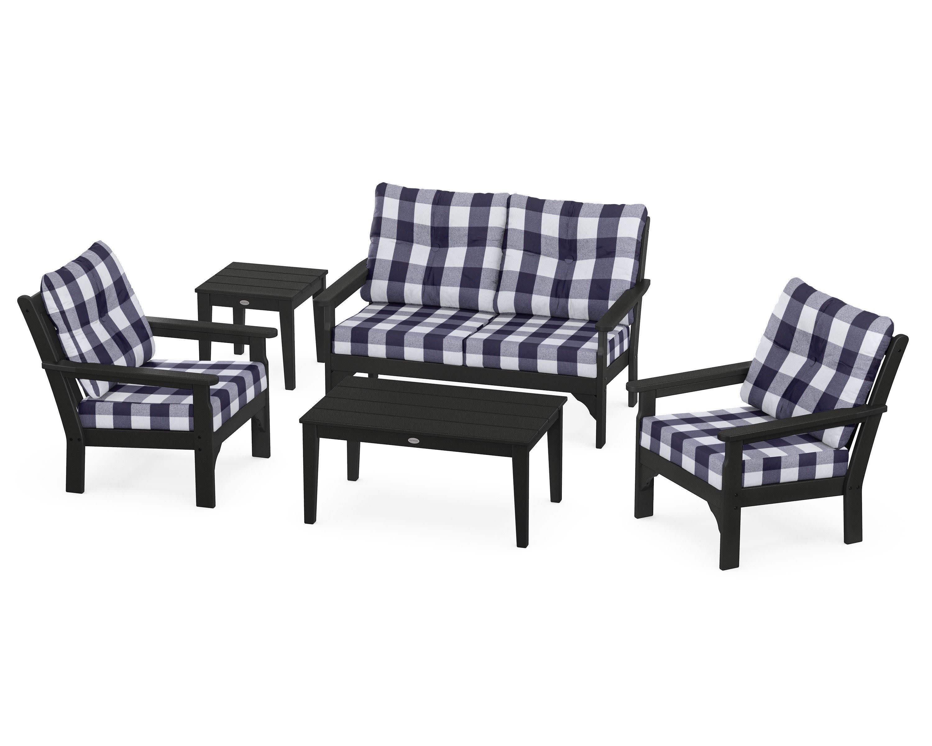 Vineyard 5-Piece Deep Seating Set in Black / Buffalo Plaid Navy