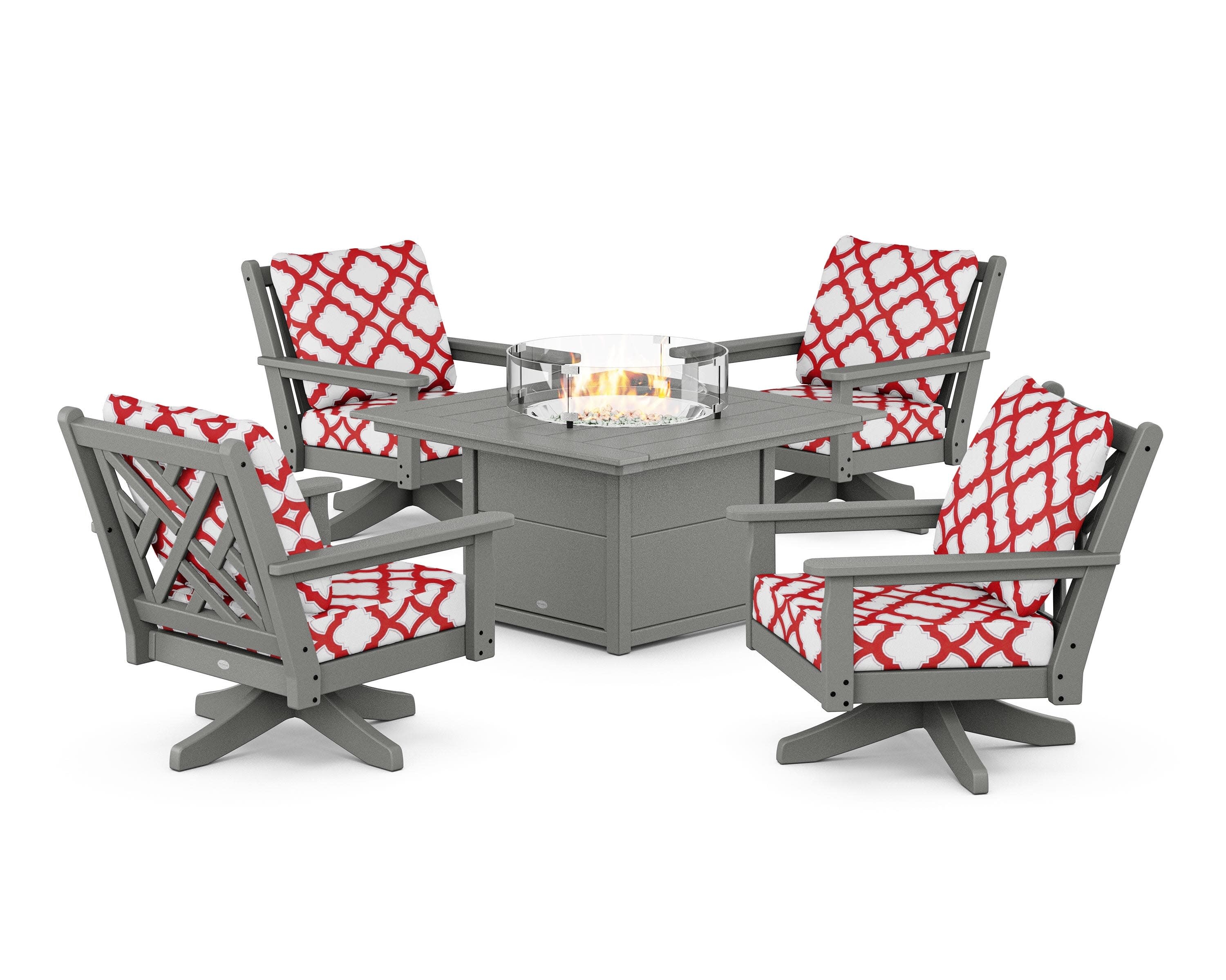 Chippendale 5-Piece Deep Seating Swivel Conversation Set with Fire Pit Table in Slate Grey / Trellis Crimson