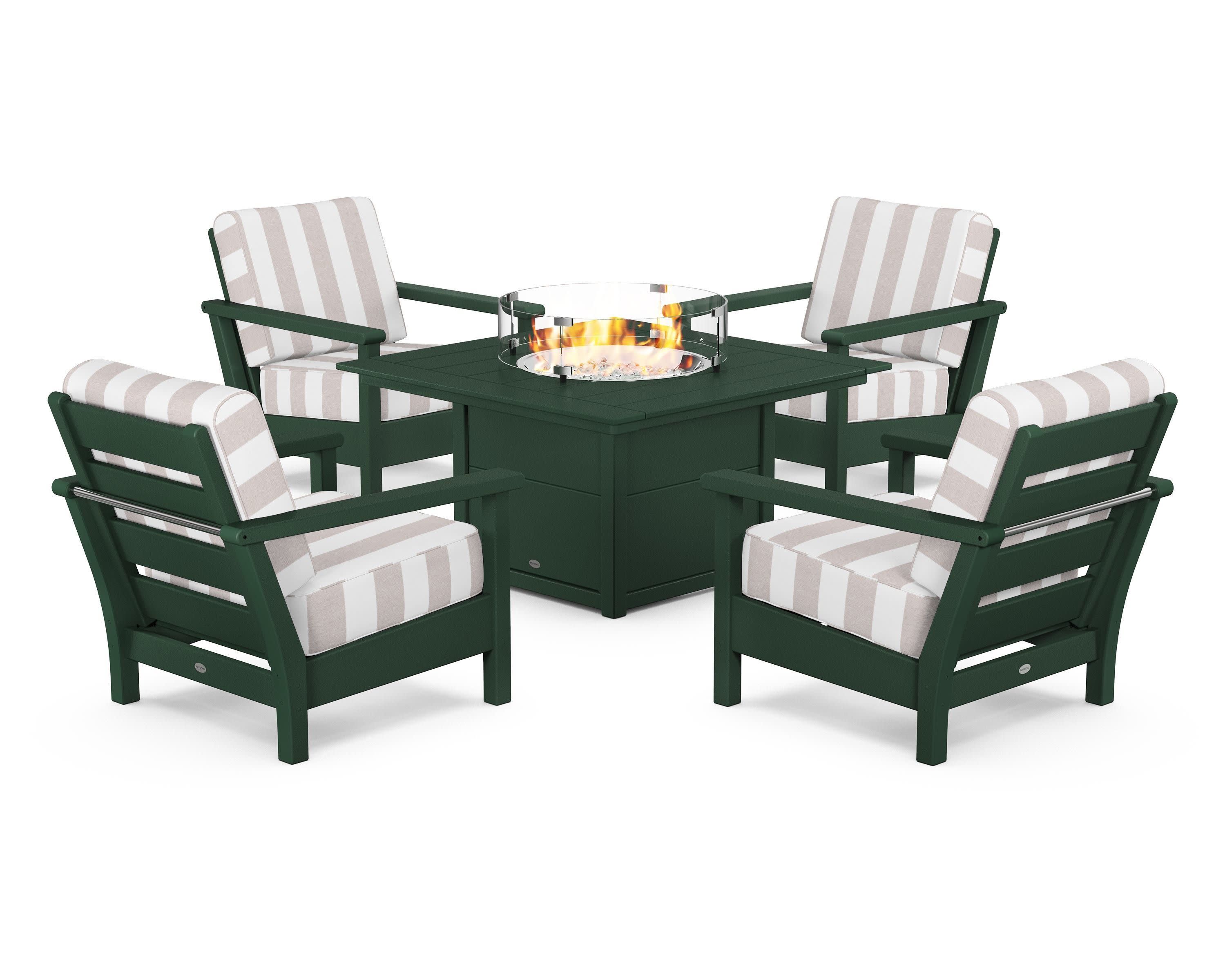 Harbour 5-Piece Conversation Set with Fire Pit Table in Green / Cabana Stripe Dune Burlap