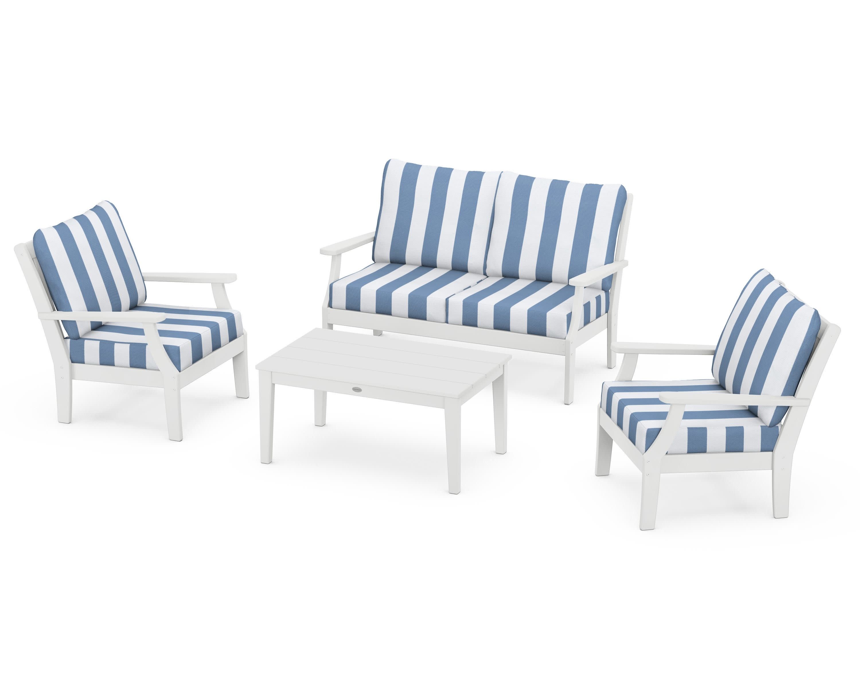 Braxton 4-Piece Deep Seating Chair Set in White / Cabana Stripe Sky Blue