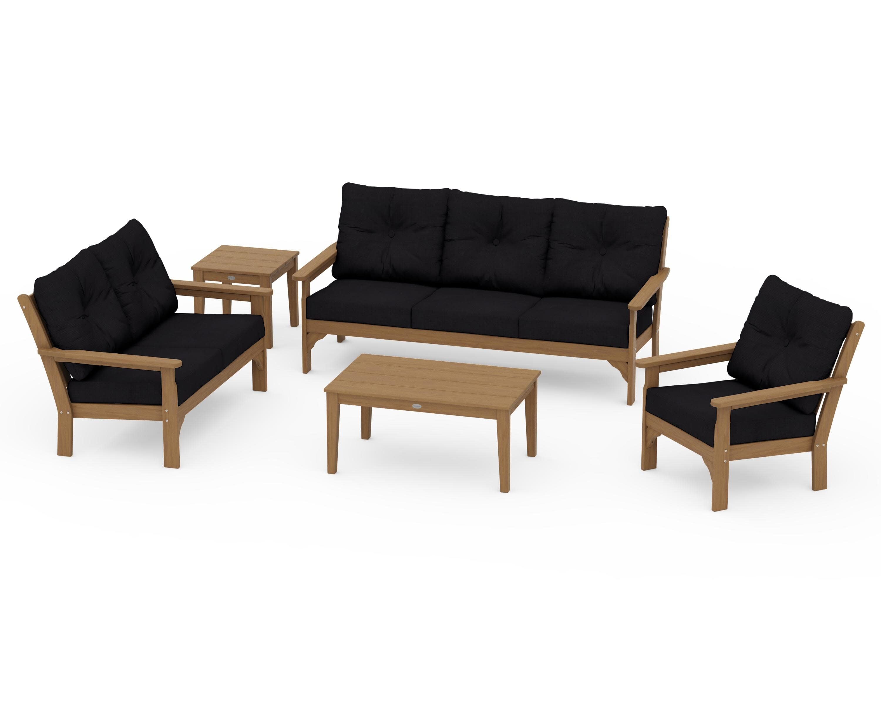 Vineyard 5 Piece Deep Seating Set in Natural / Midnight Linen