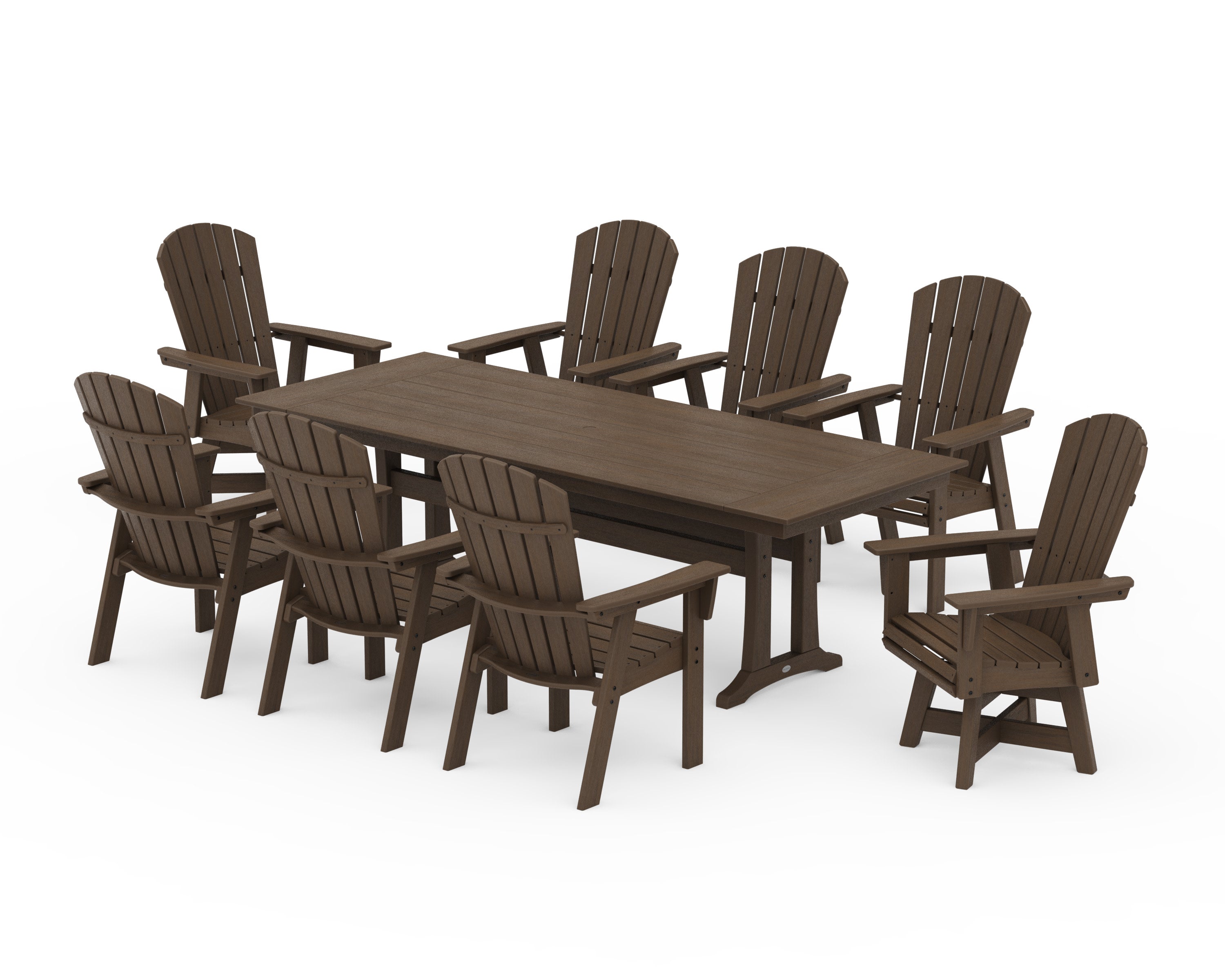 Nautical Curveback Adirondack Swivel 9-Piece Farmhouse Dining Set with Trestle Legs in Kona