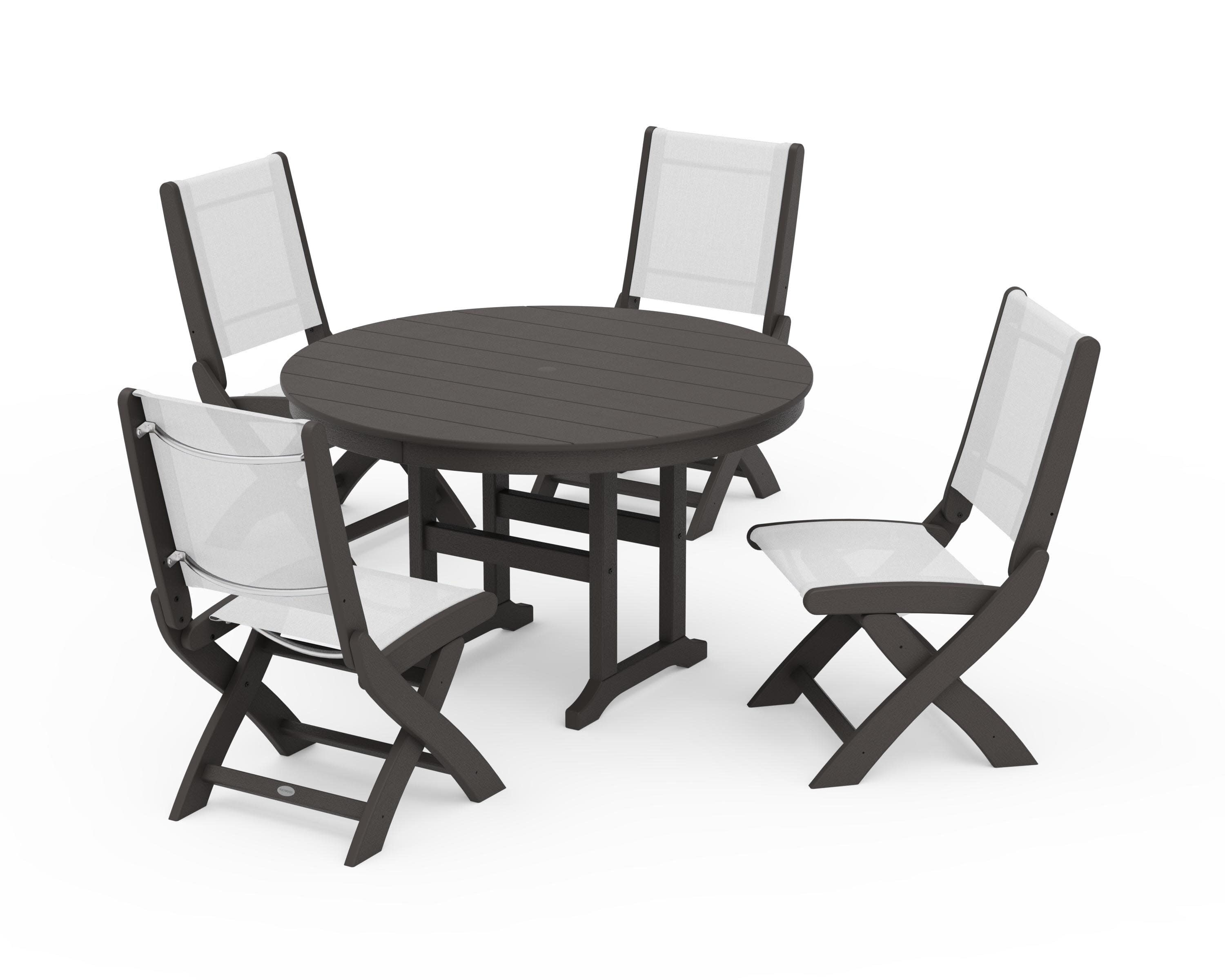 Coastal Folding Side Chair 5-Piece Round Dining Set in Vintage Coffee / White Sling