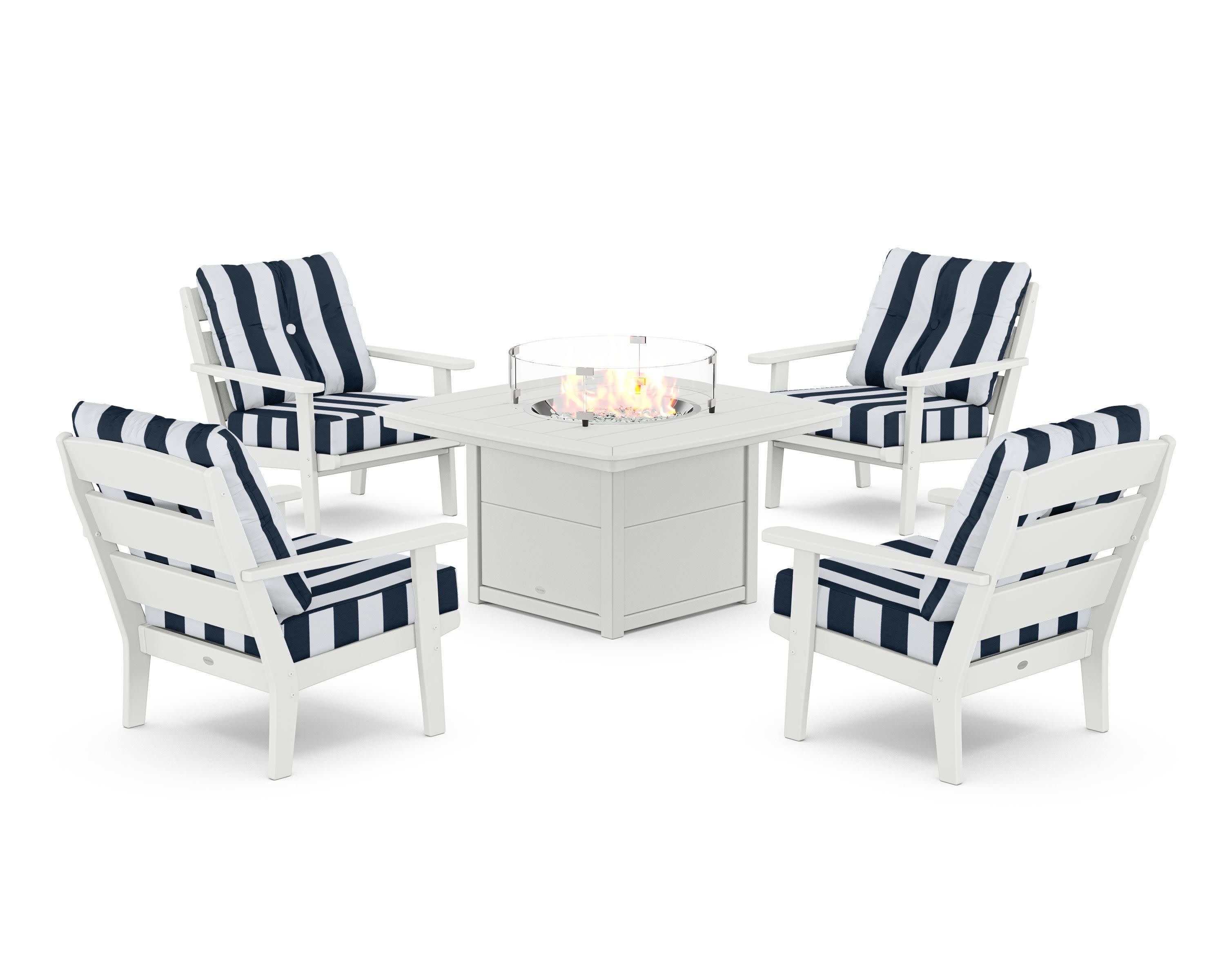 Lakeside 5-Piece Deep Seating Set with Nautical Fire Pit Table in White / Cabana Stripe Marine Indigo