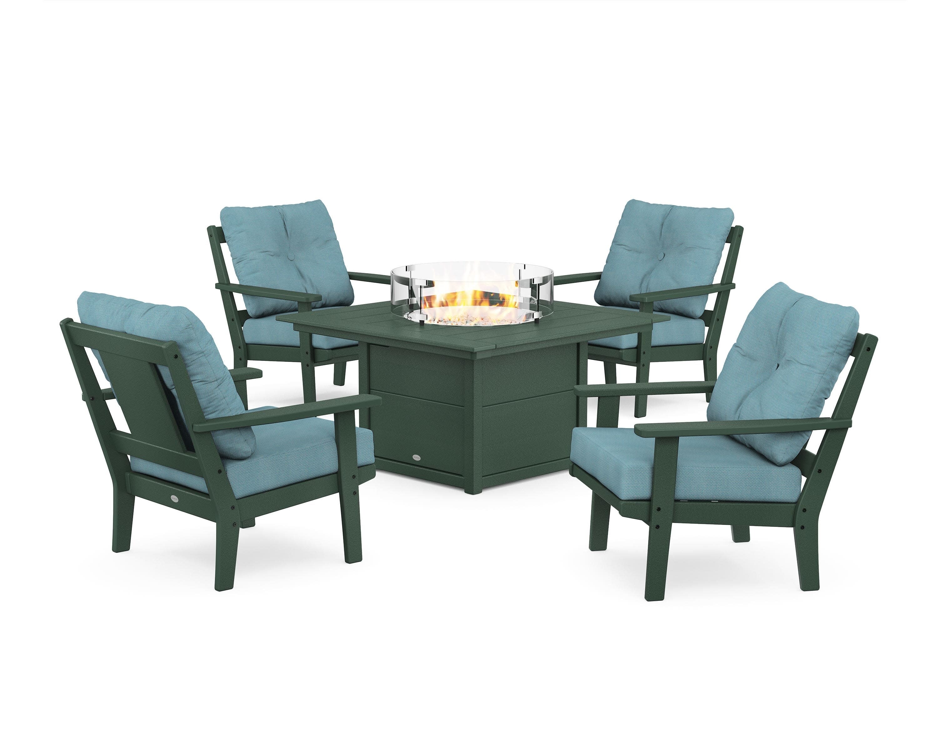 Prairie 5-Piece Deep Seating Set with Fire Pit Table in Green / Lattice Sky Blue