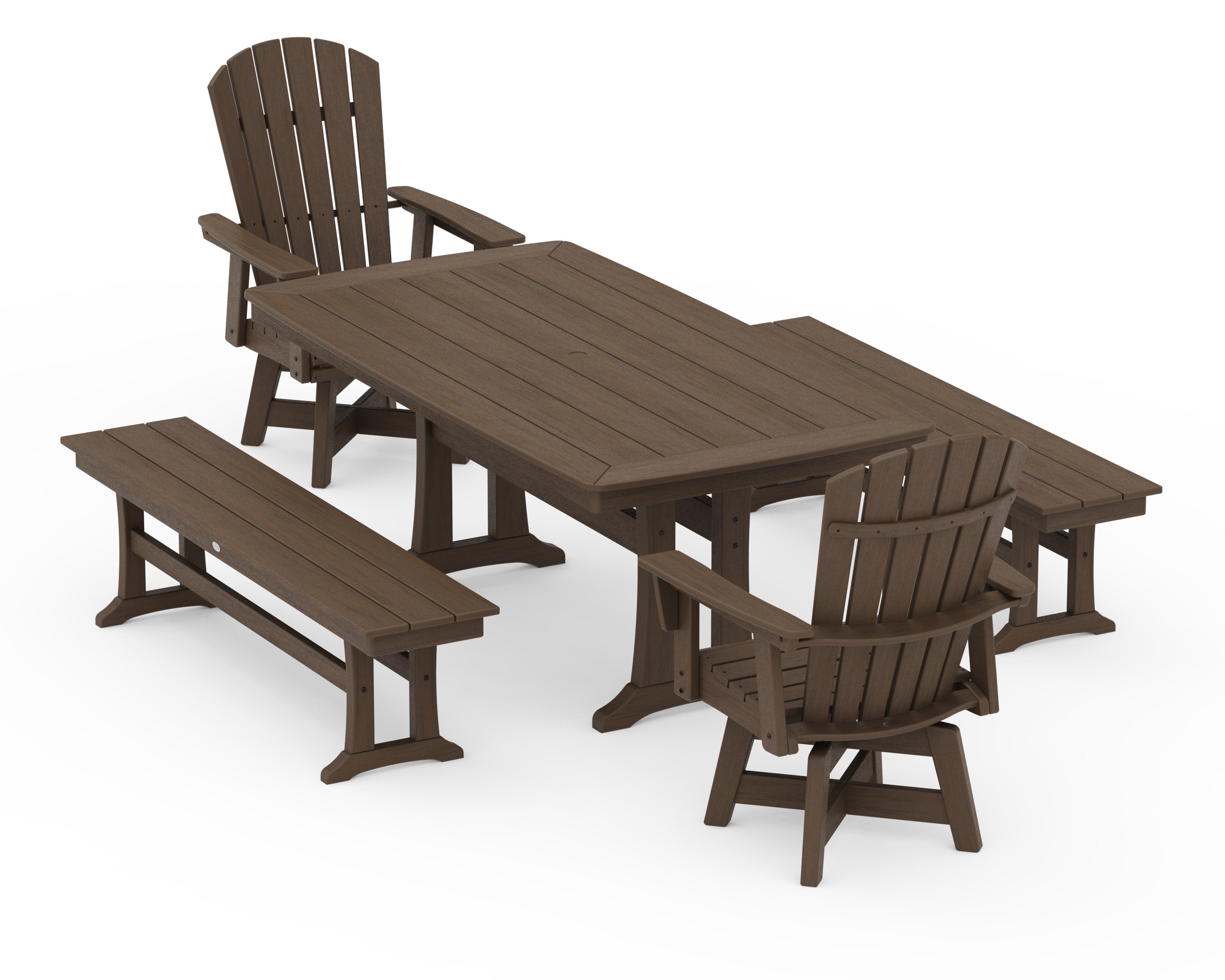 Nautical Curveback Adirondack Swivel Chair 5-Piece Dining Set with Trestle Legs and Benches in Kona
