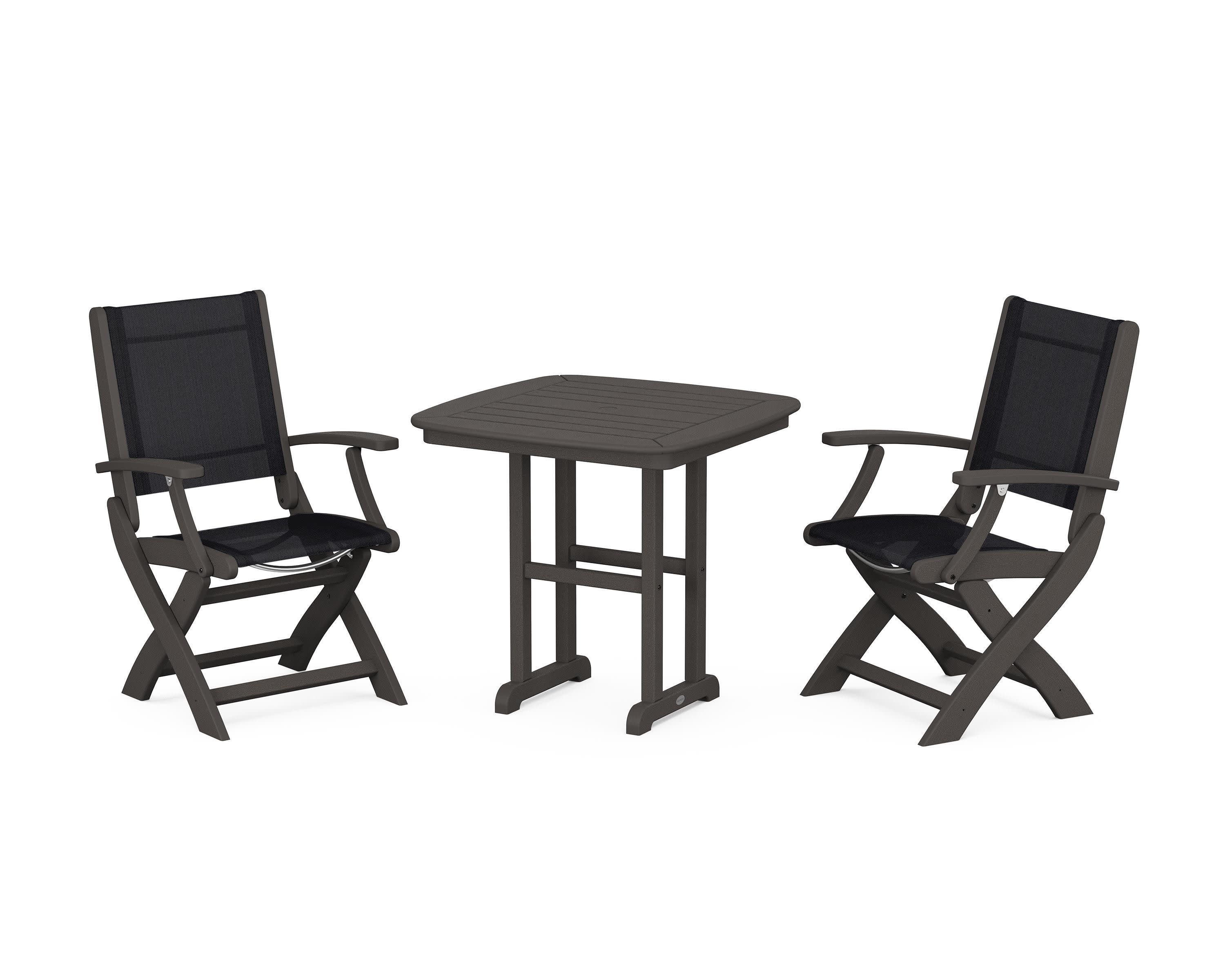 Coastal Folding Chair 3-Piece Dining Set in Vintage Coffee / Black Sling