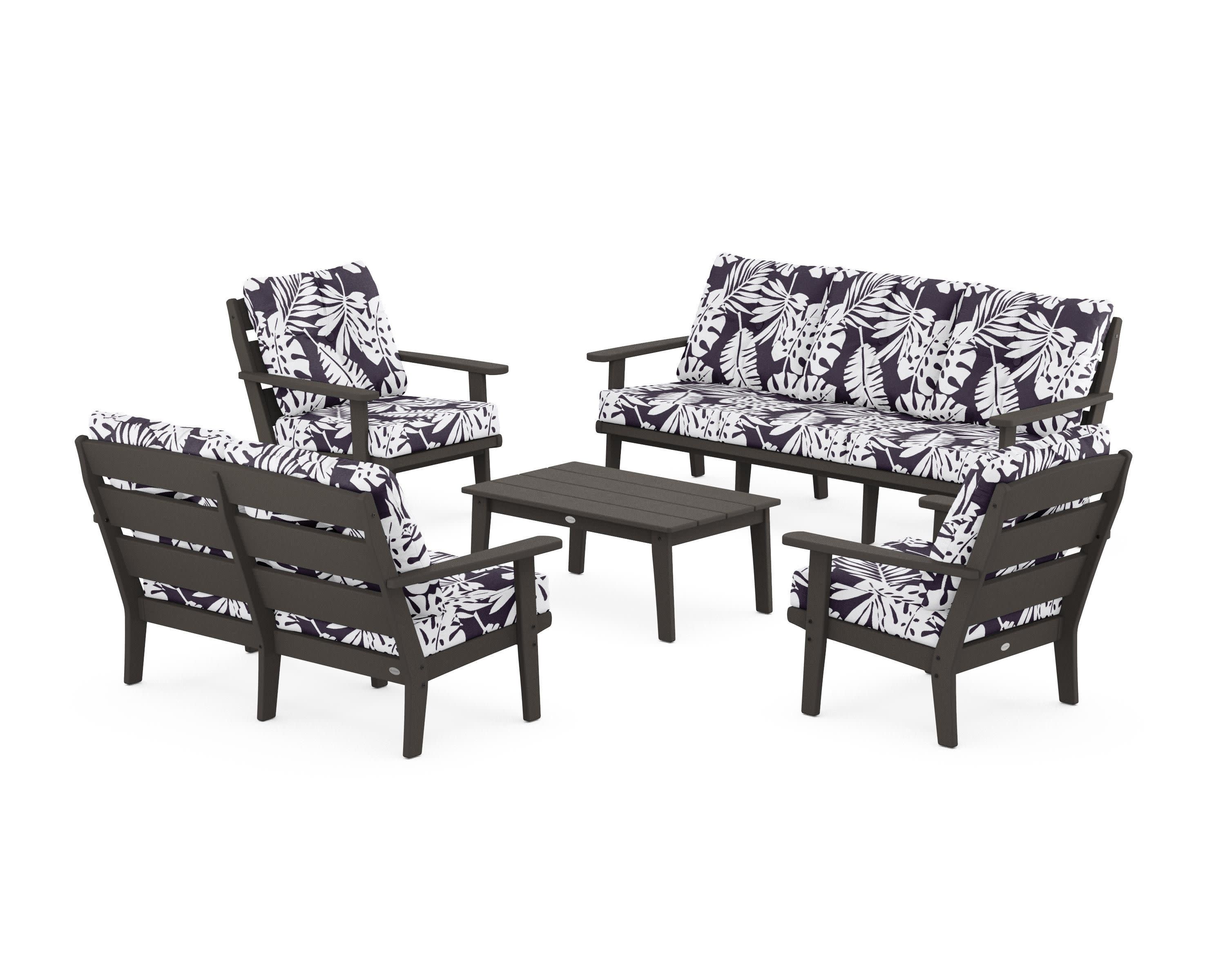 Lakeside 5-Piece Lounge Sofa Set in Vintage Coffee / Leaf Navy
