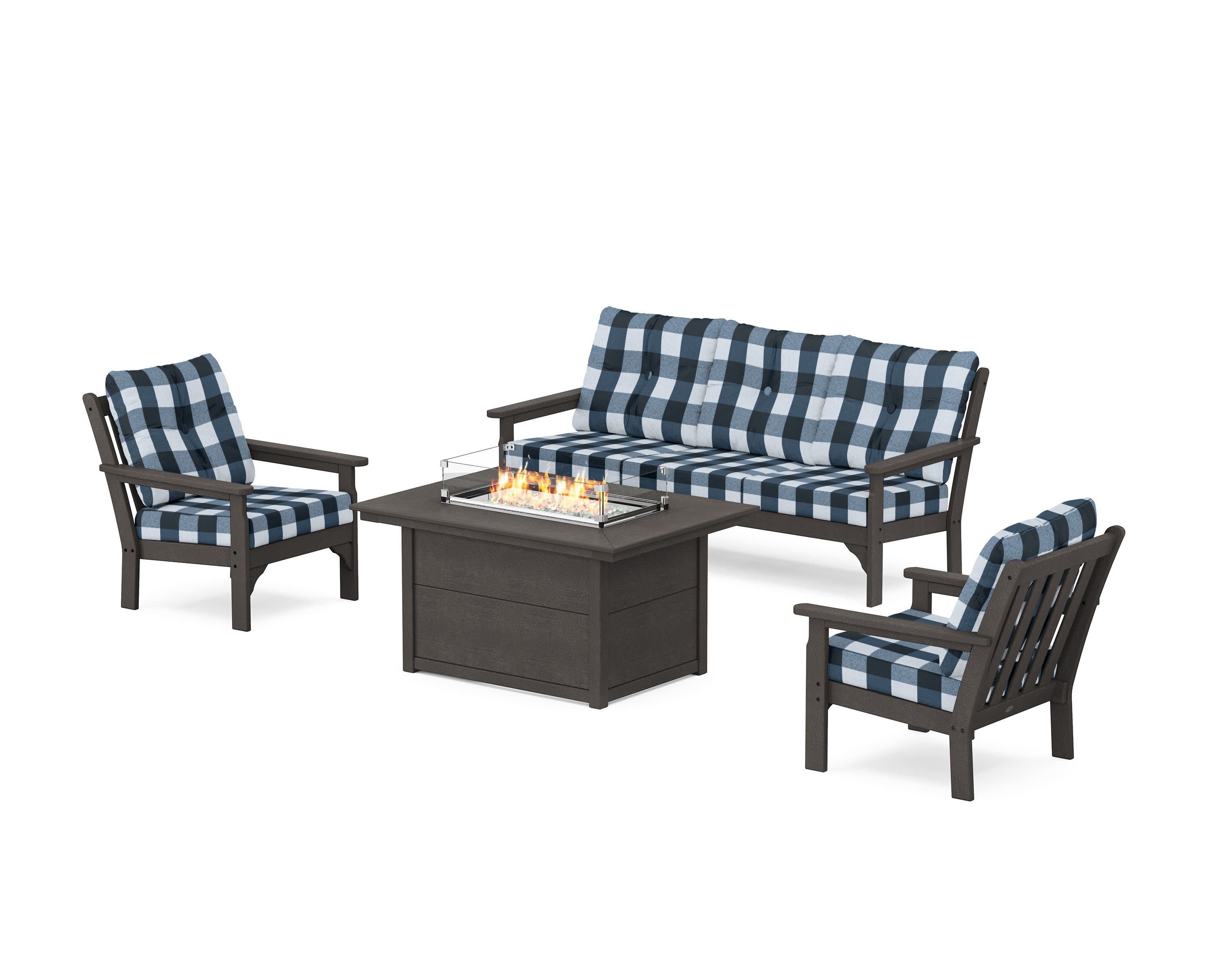 Vineyard Deep Seating Fire Pit Table Set in Vintage Coffee / Buffalo Plaid Marine Indigo