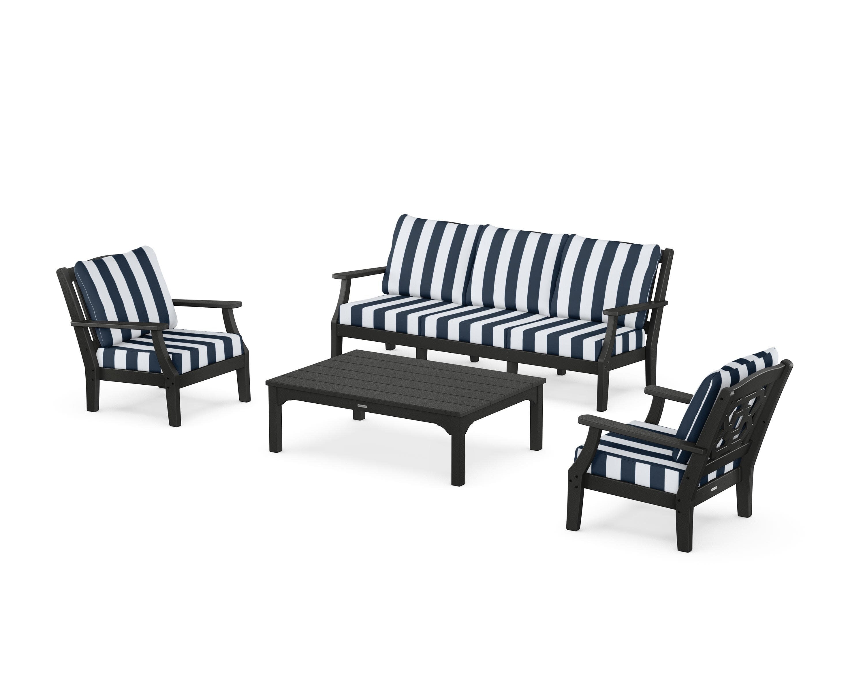 Chinoiserie 4-Piece Deep Seating Set with Sofa in Black / Cabana Stripe Marine Indigo