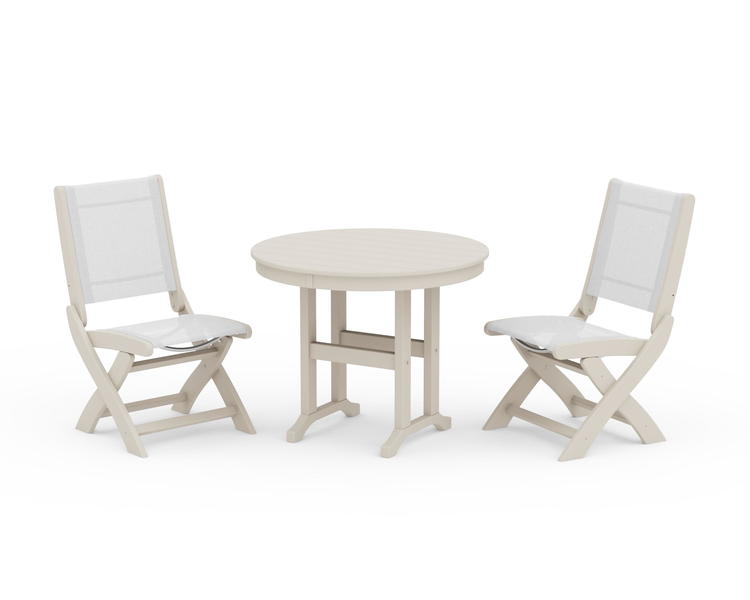 Coastal Folding Side Chair 3-Piece Round Dining Set in Sand / White Sling