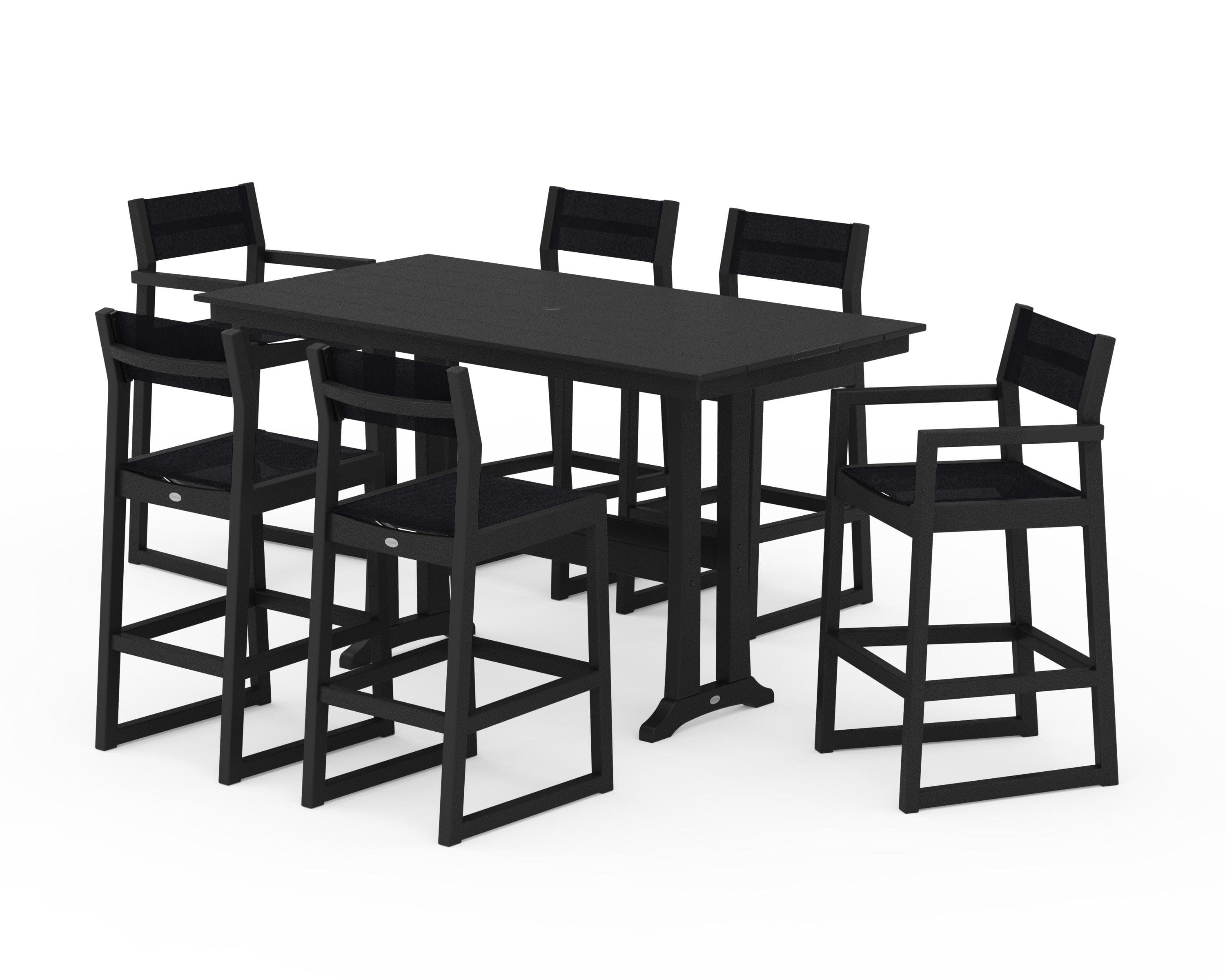 EDGE Sling 7-Piece Farmhouse Bar Set with Trestle Legs in Black / Black Sling