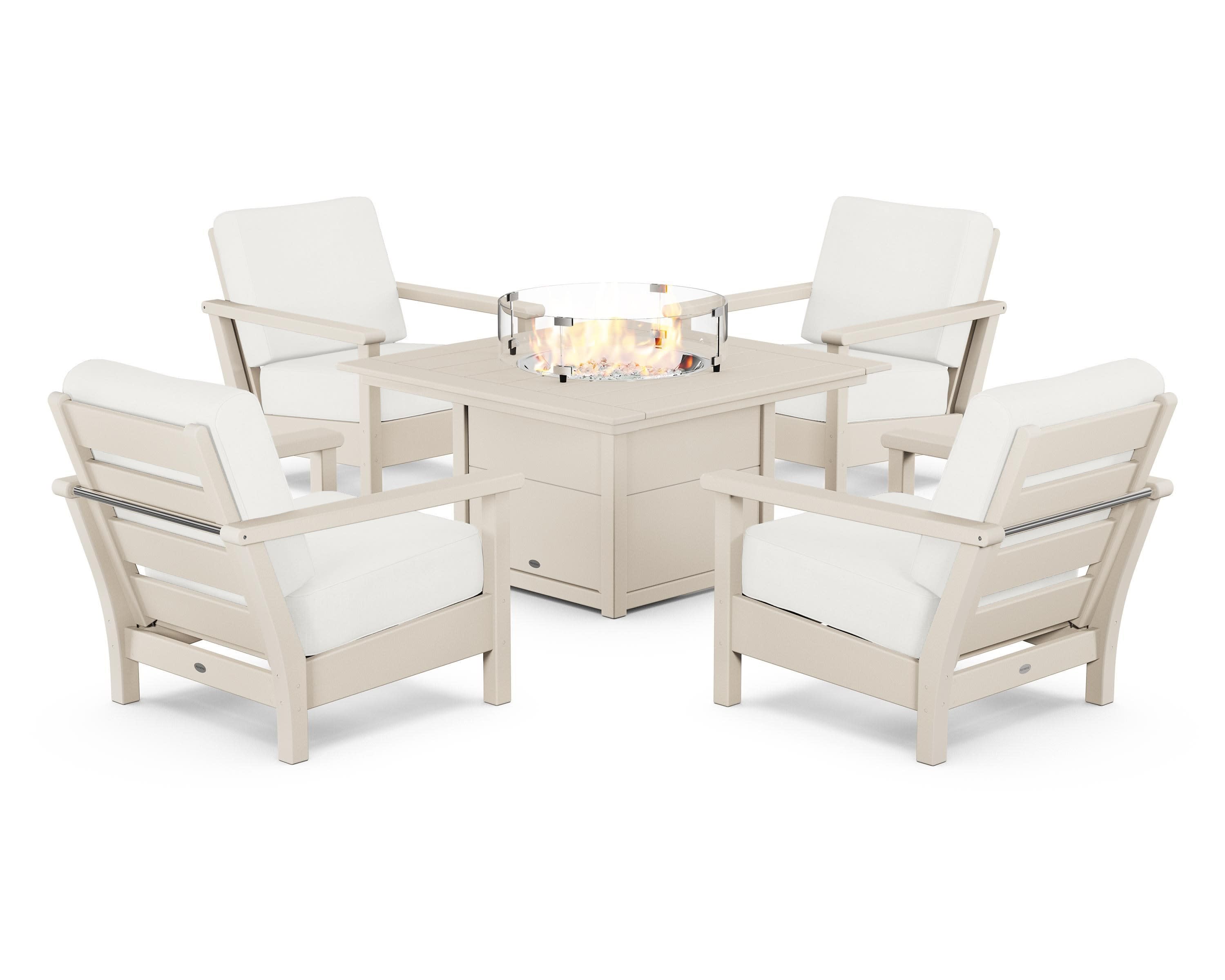 Harbour 5-Piece Conversation Set with Fire Pit Table in Sand / Natural Linen