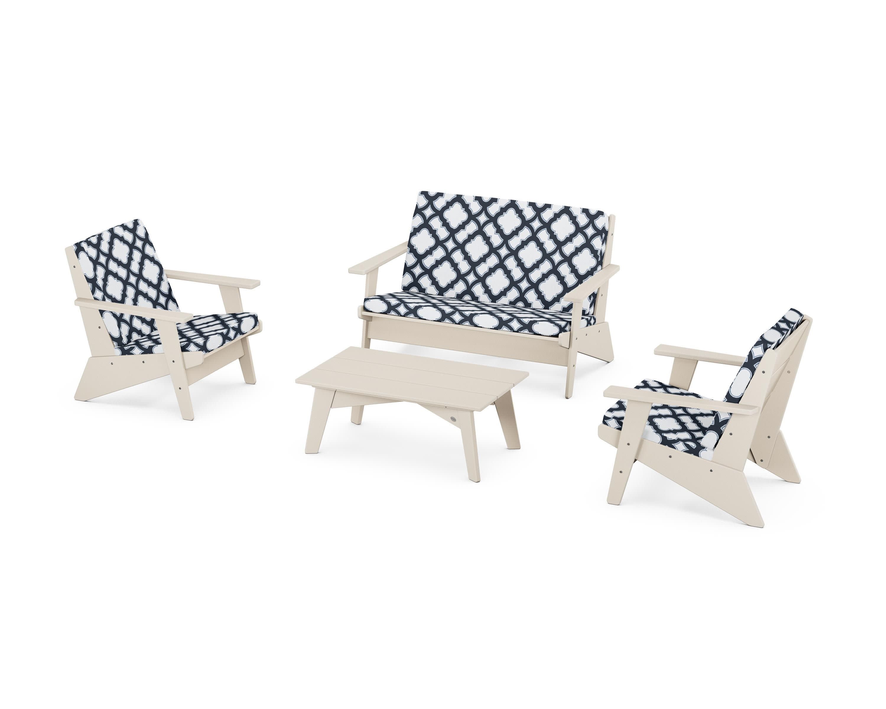 Riviera Modern Lounge 4-Piece Set in Sand / Trellis Marine Indigo