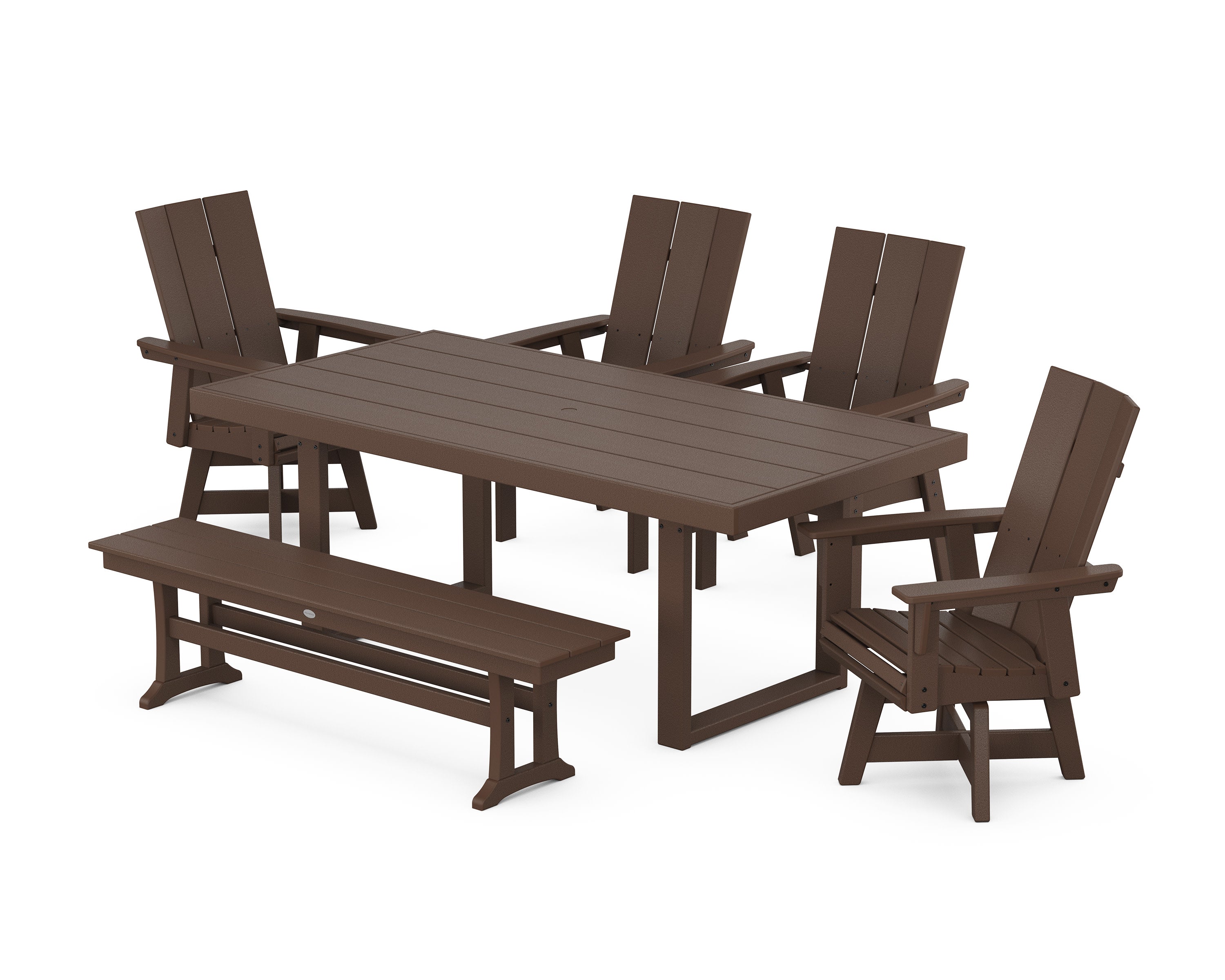 Modern Curveback Adirondack Swivel Chair 6-Piece Dining Set with Bench in Mahogany