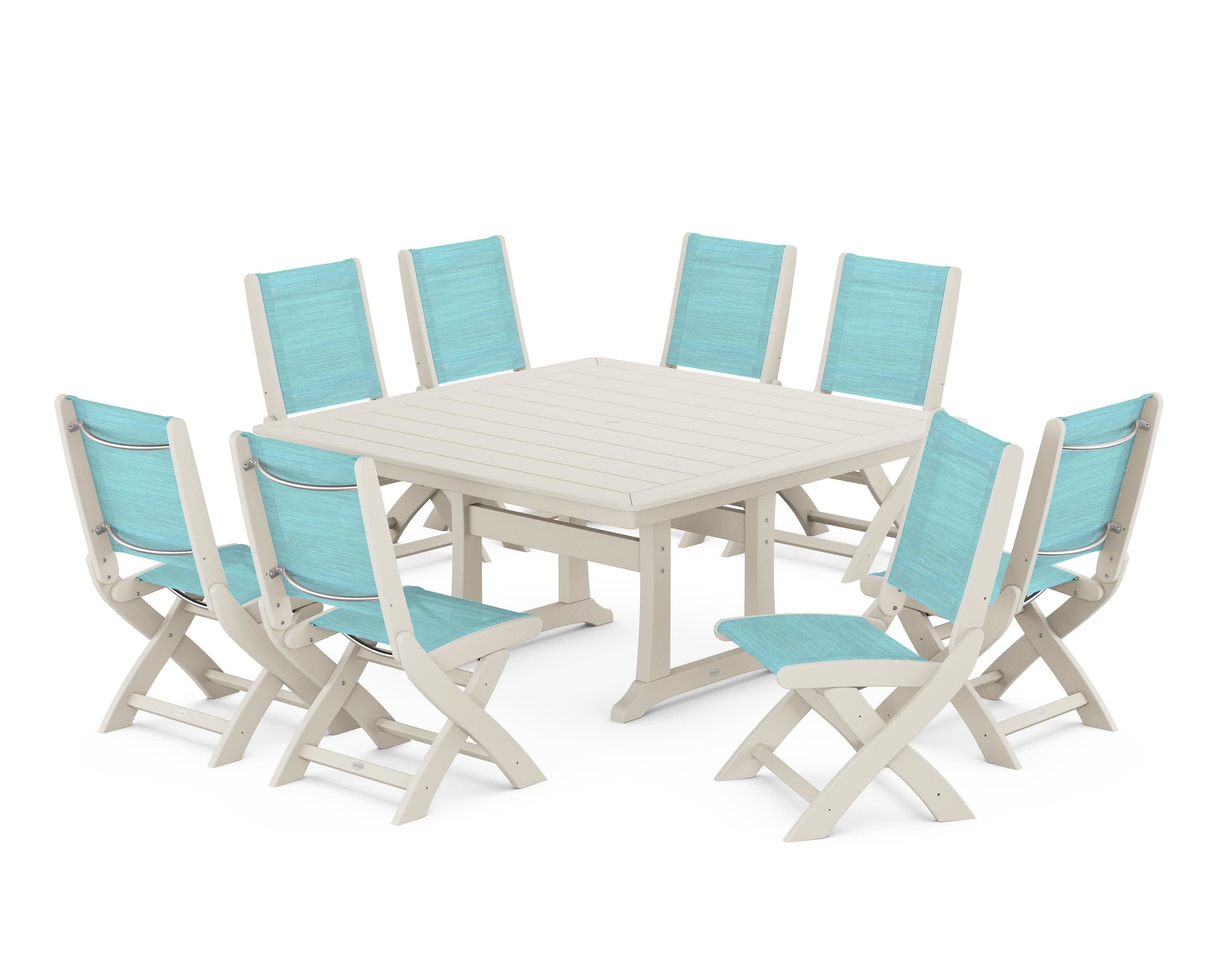 Coastal Folding Side Chair 9-Piece Dining Set with Trestle Legs in Sand / Dupioni Aquamarine Sling