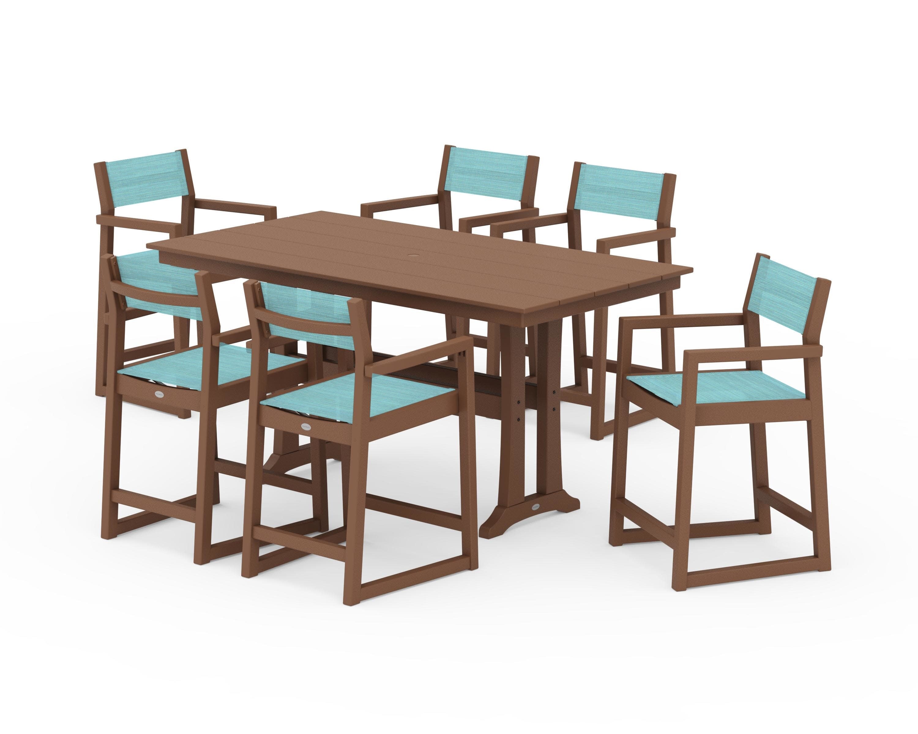 EDGE Sling Arm Chair 7-Piece Farmhouse Counter Set with Trestle Legs in Teak / Dupioni Aquamarine Sling