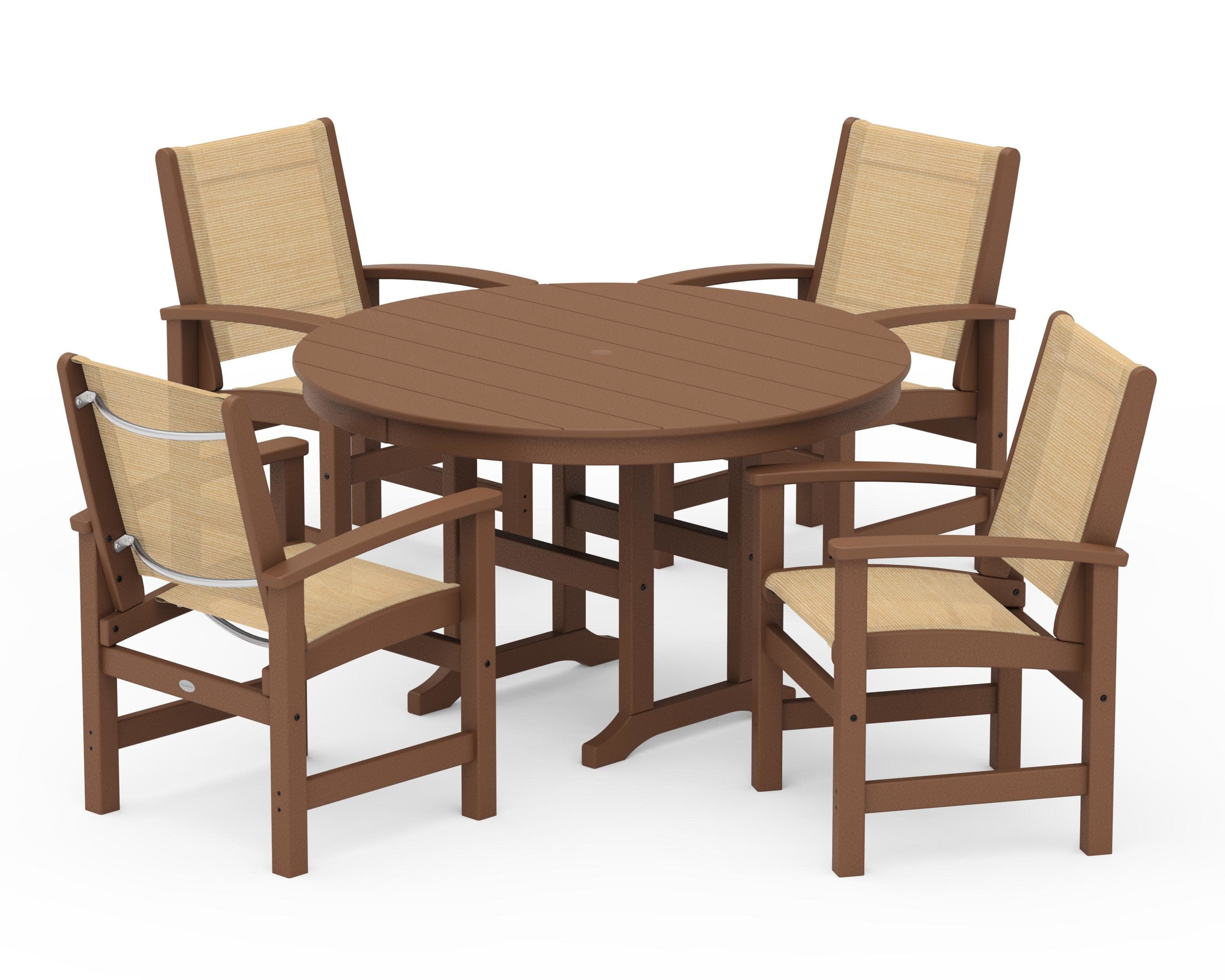 Coastal 5-Piece Round Farmhouse Dining Set in Teak / Dupioni Apricot Sling