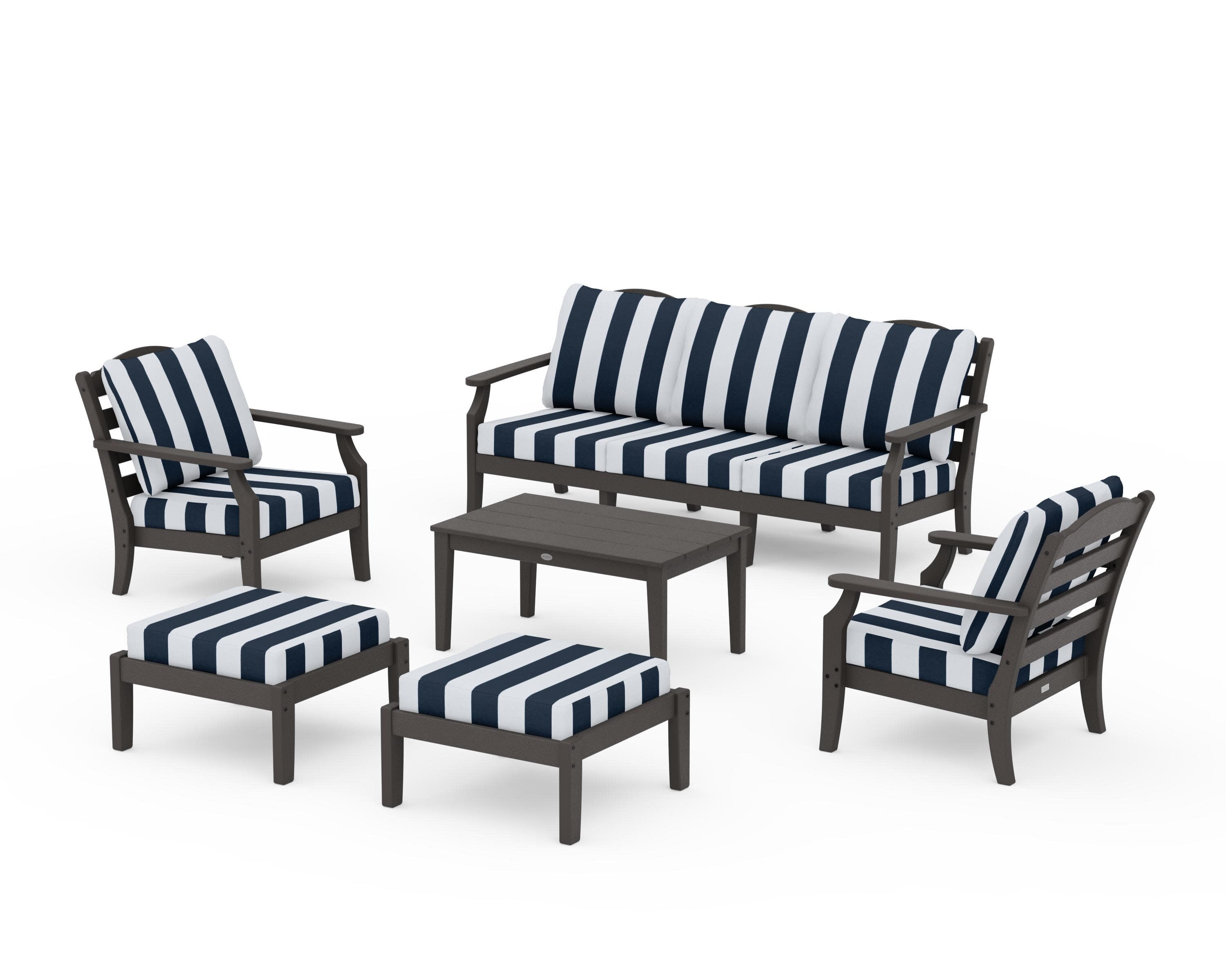 Savannah 6-Piece Lounge Sofa Set in Vintage Coffee / Cabana Stripe Marine Indigo
